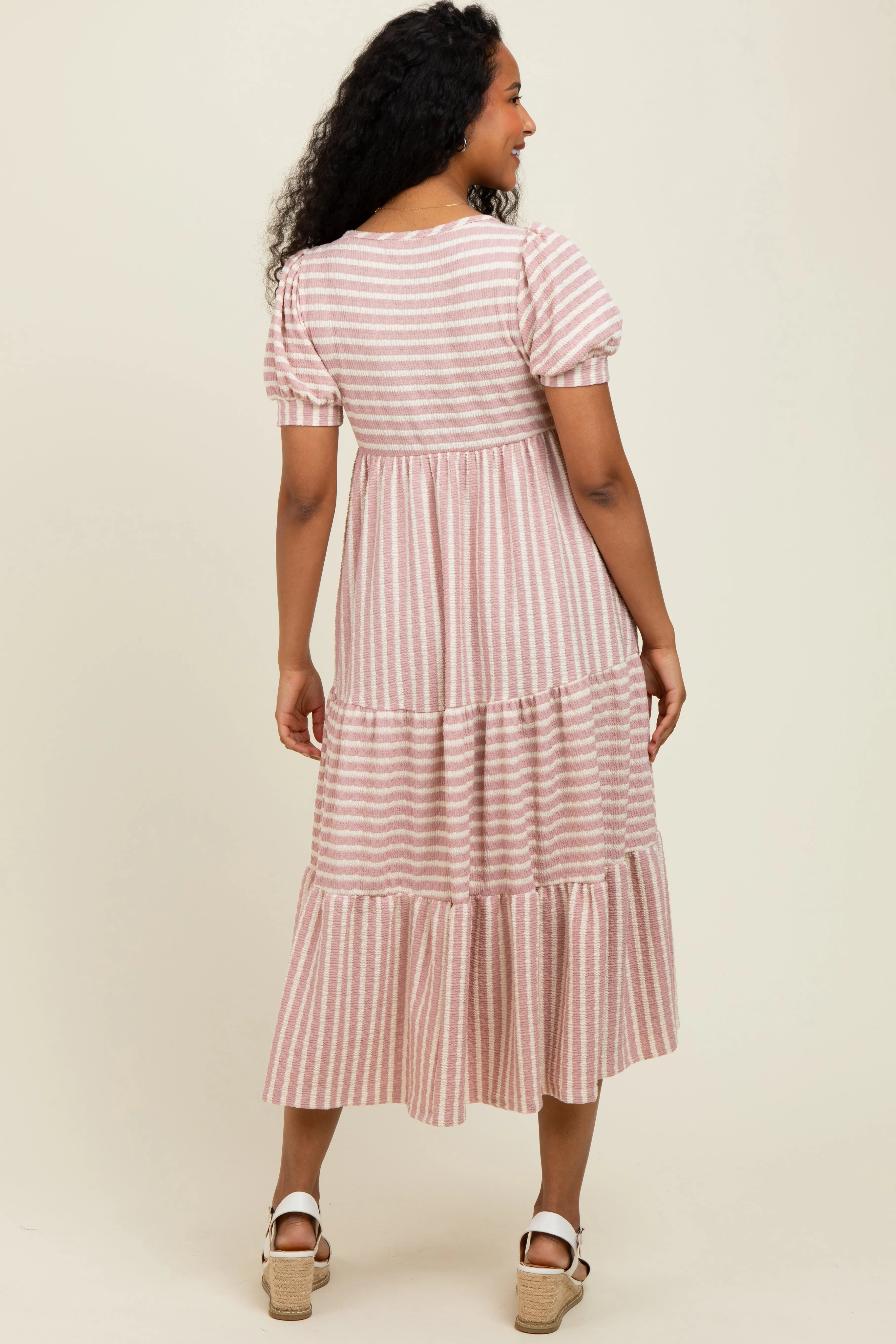 Mauve/Beige Striped Short Sleeve Tiered Maxi Dress sold by Pinkblush product image thumbnail 4