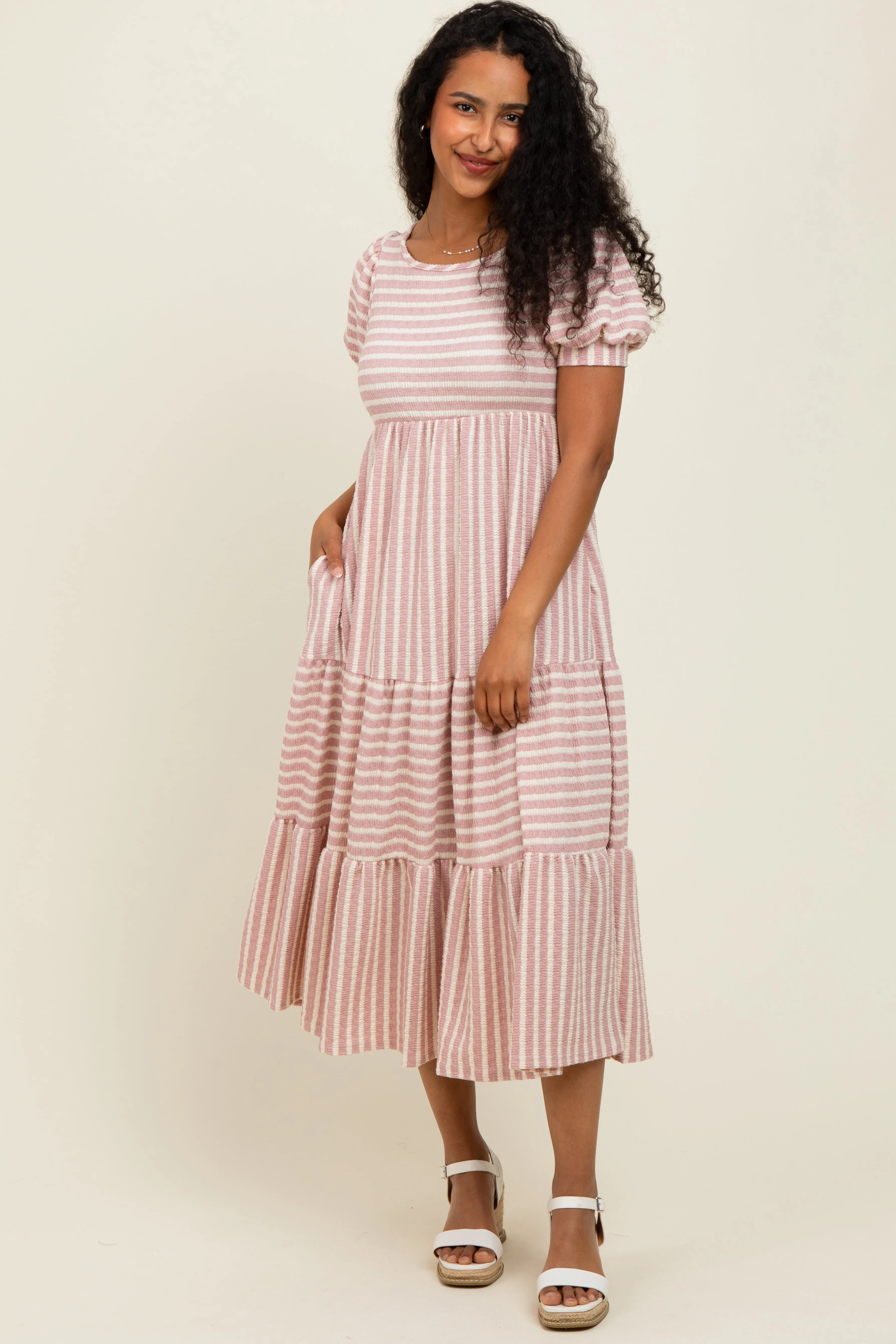 Mauve/Beige Striped Short Sleeve Tiered Maxi Dress sold by Pinkblush