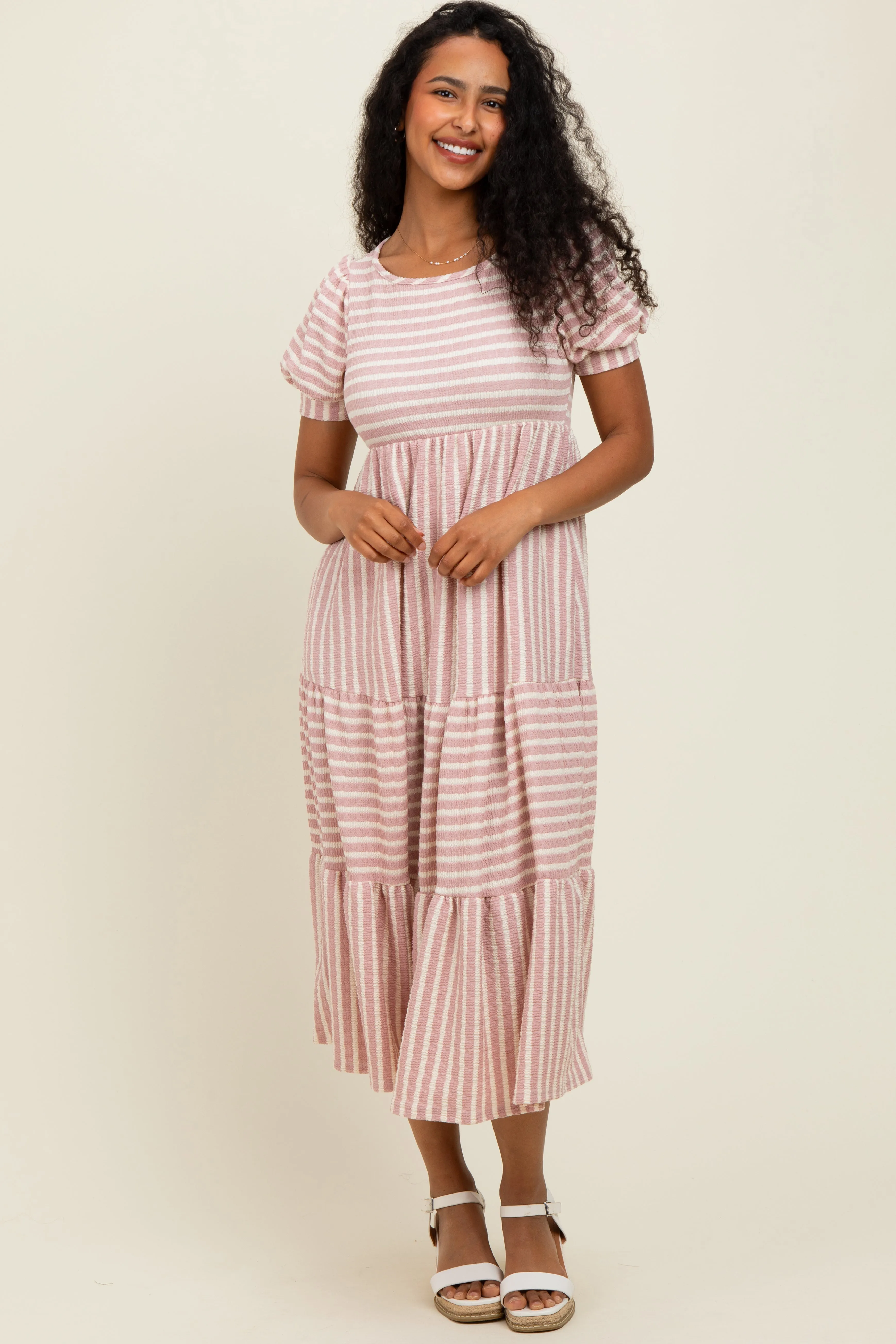 Mauve/Beige Striped Short Sleeve Tiered Maxi Dress sold by Pinkblush product image thumbnail 2