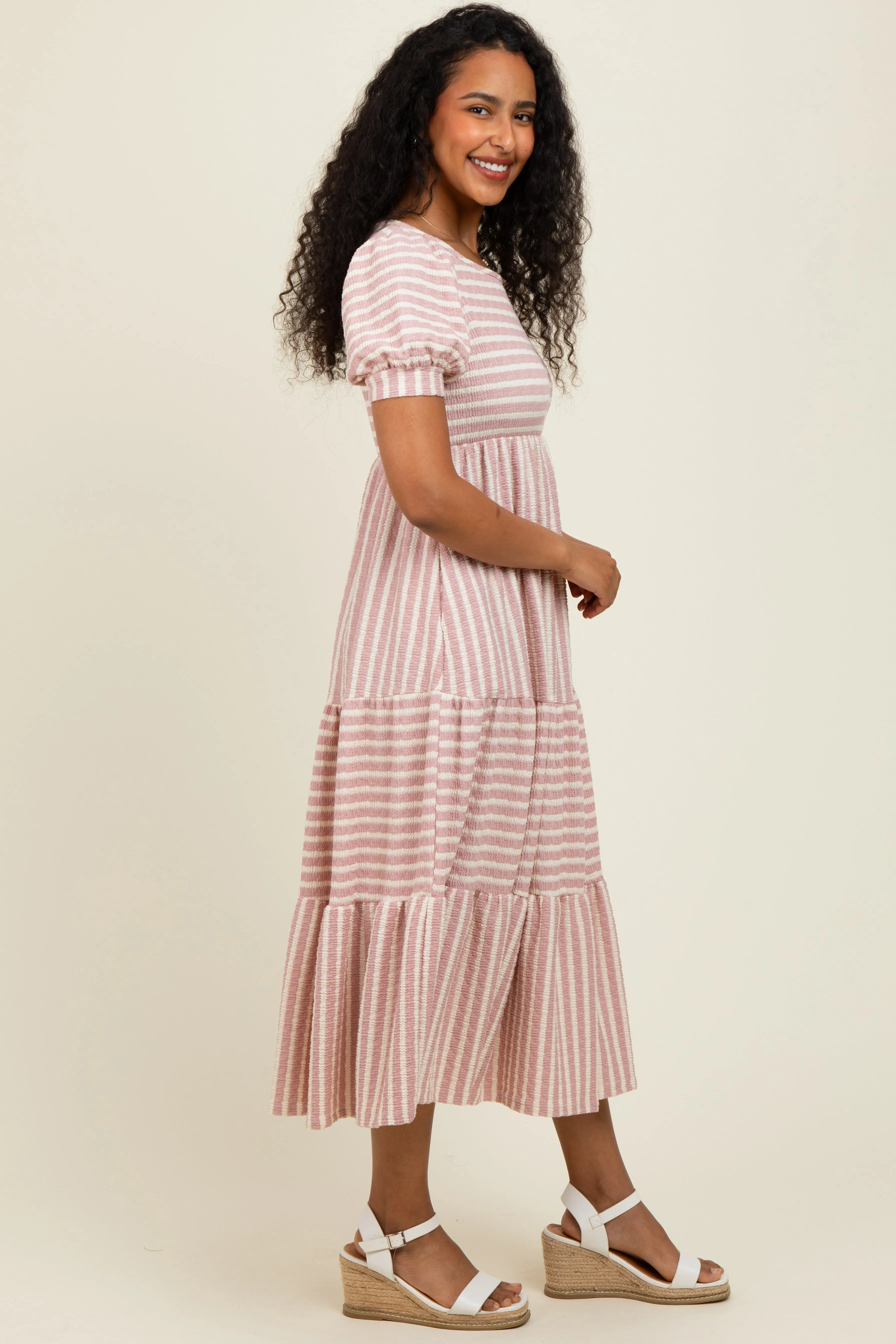 Mauve/Beige Striped Short Sleeve Tiered Maxi Dress sold by Pinkblush product image thumbnail 3
