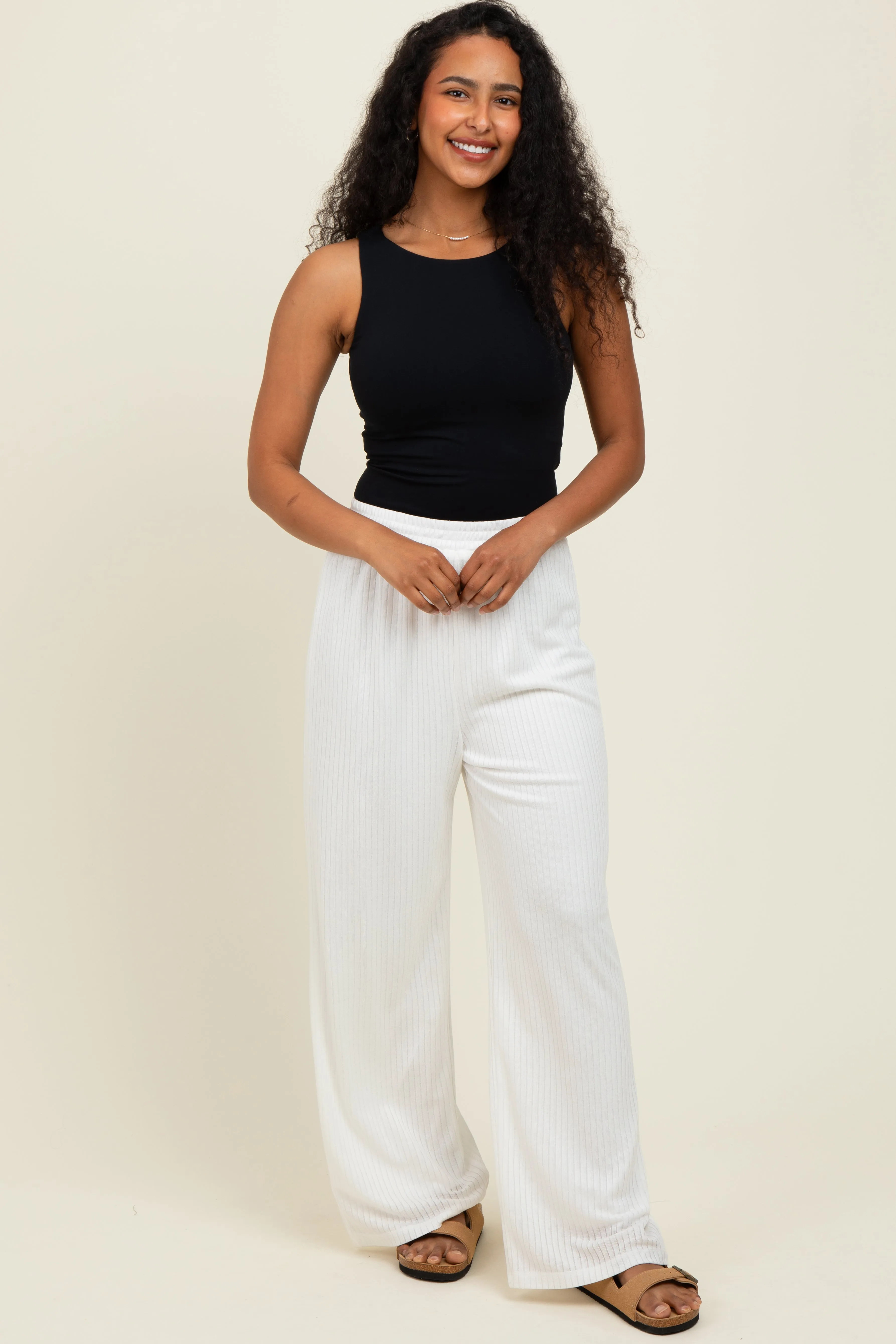 Ivory Ribbed Side Pocket Lounge Pants sold by Pinkblush