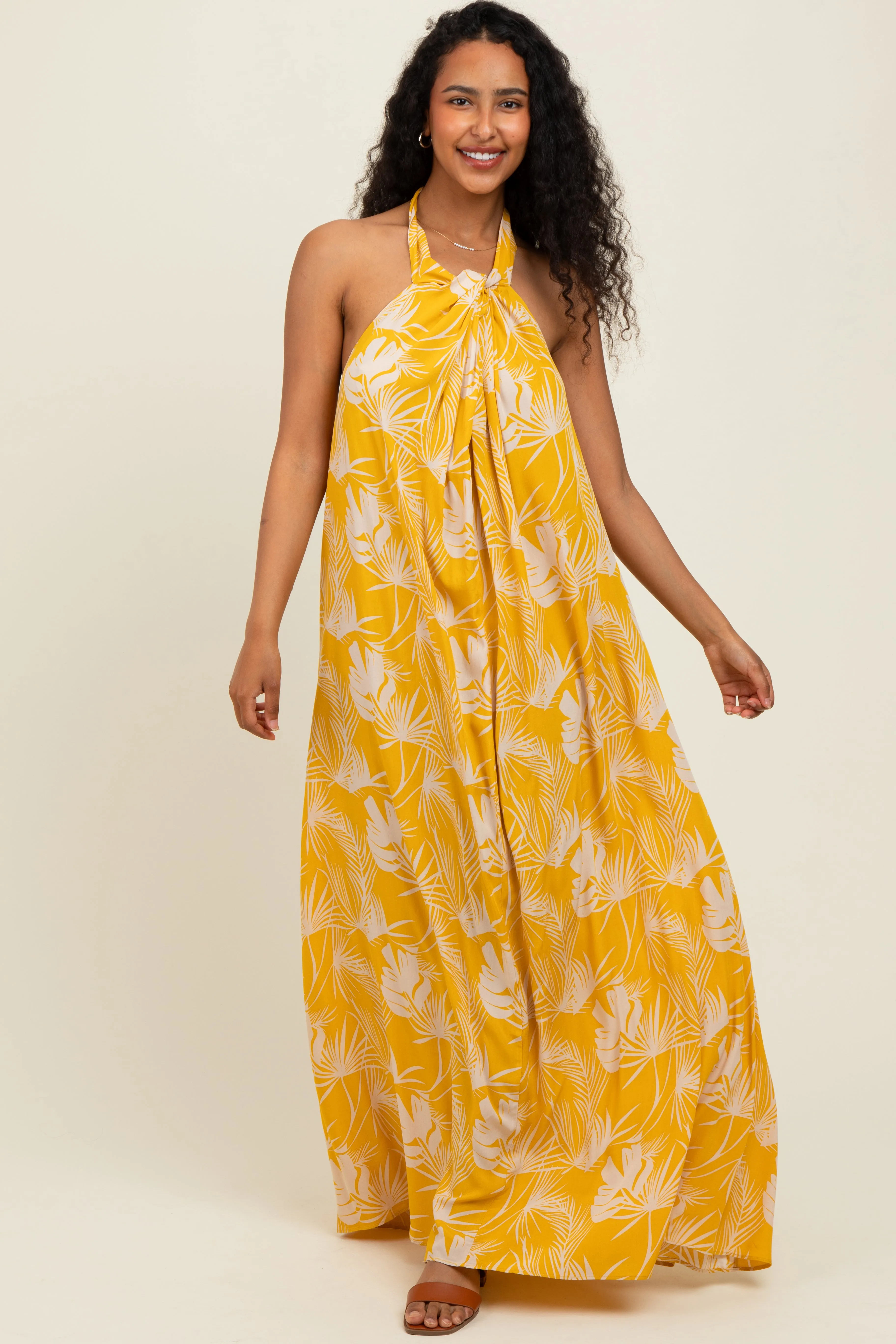 Yellow Leaf Print Halter Open Back Maxi Dress sold by Pinkblush