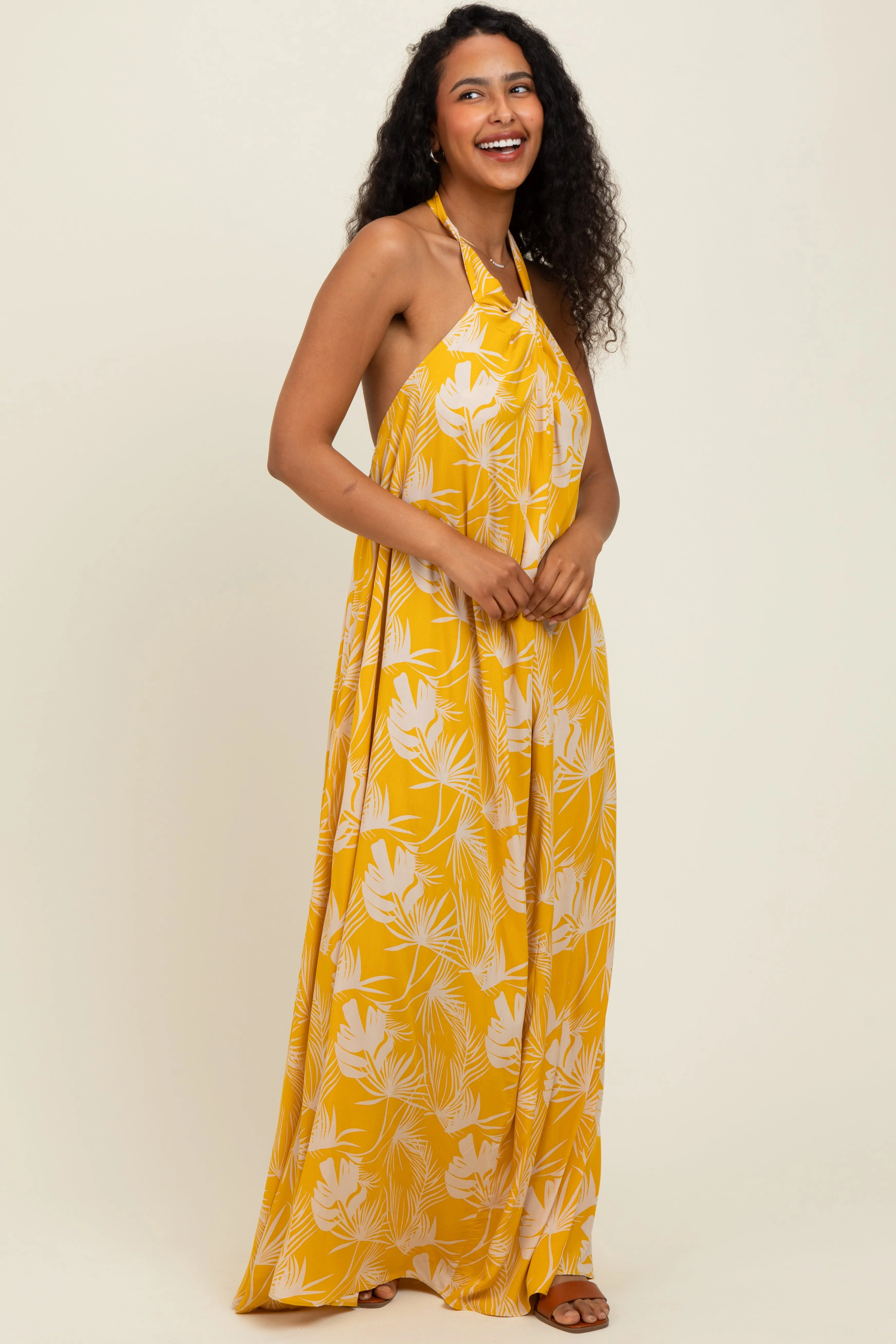 Yellow Leaf Print Halter Open Back Maxi Dress sold by Pinkblush product image thumbnail 2