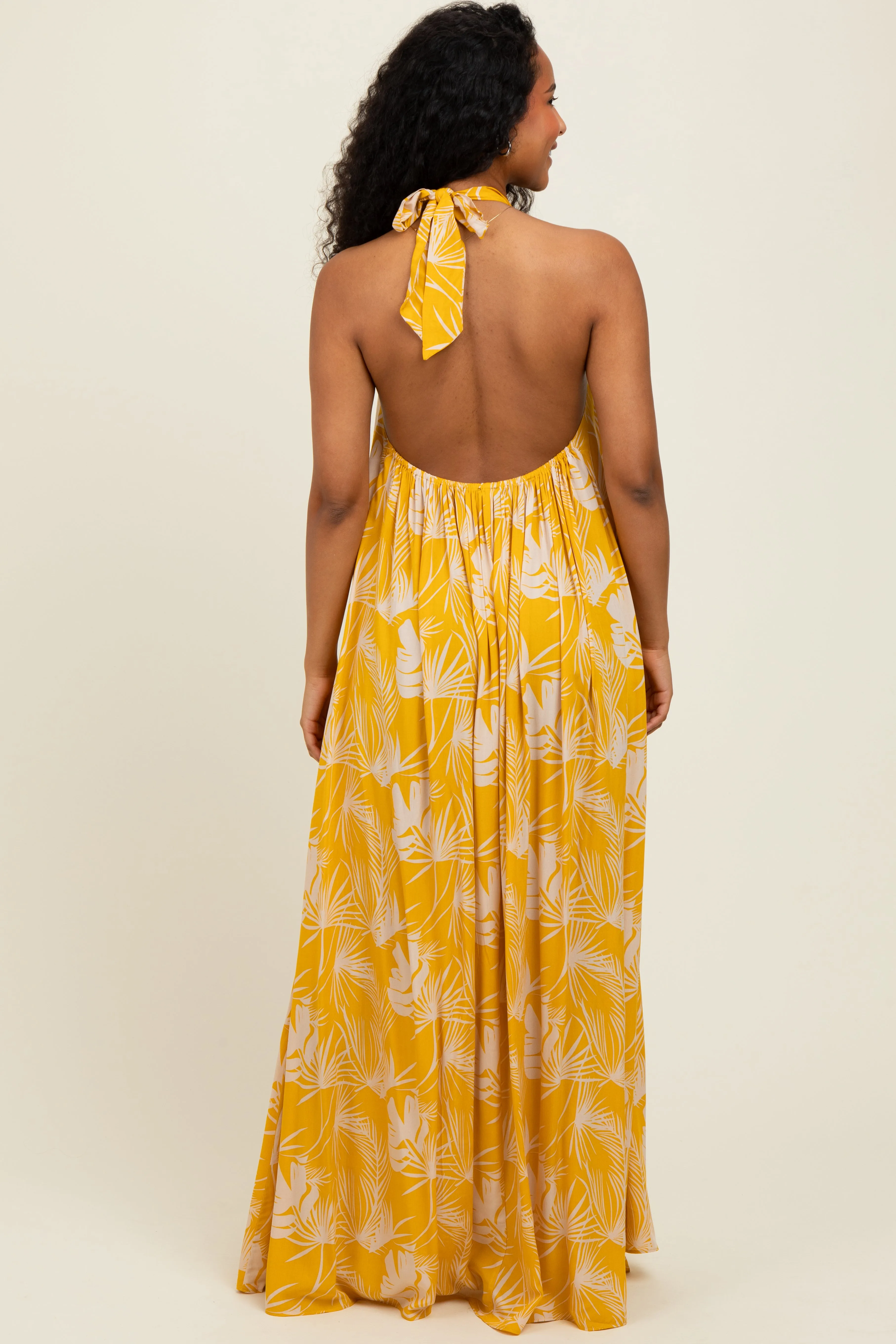 Yellow Leaf Print Halter Open Back Maxi Dress sold by Pinkblush product image thumbnail 3