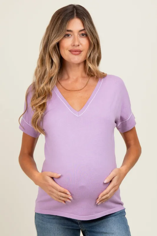 Lavender Knit Stitch Accent Maternity Short Sleeve Top sold by Pinkblush