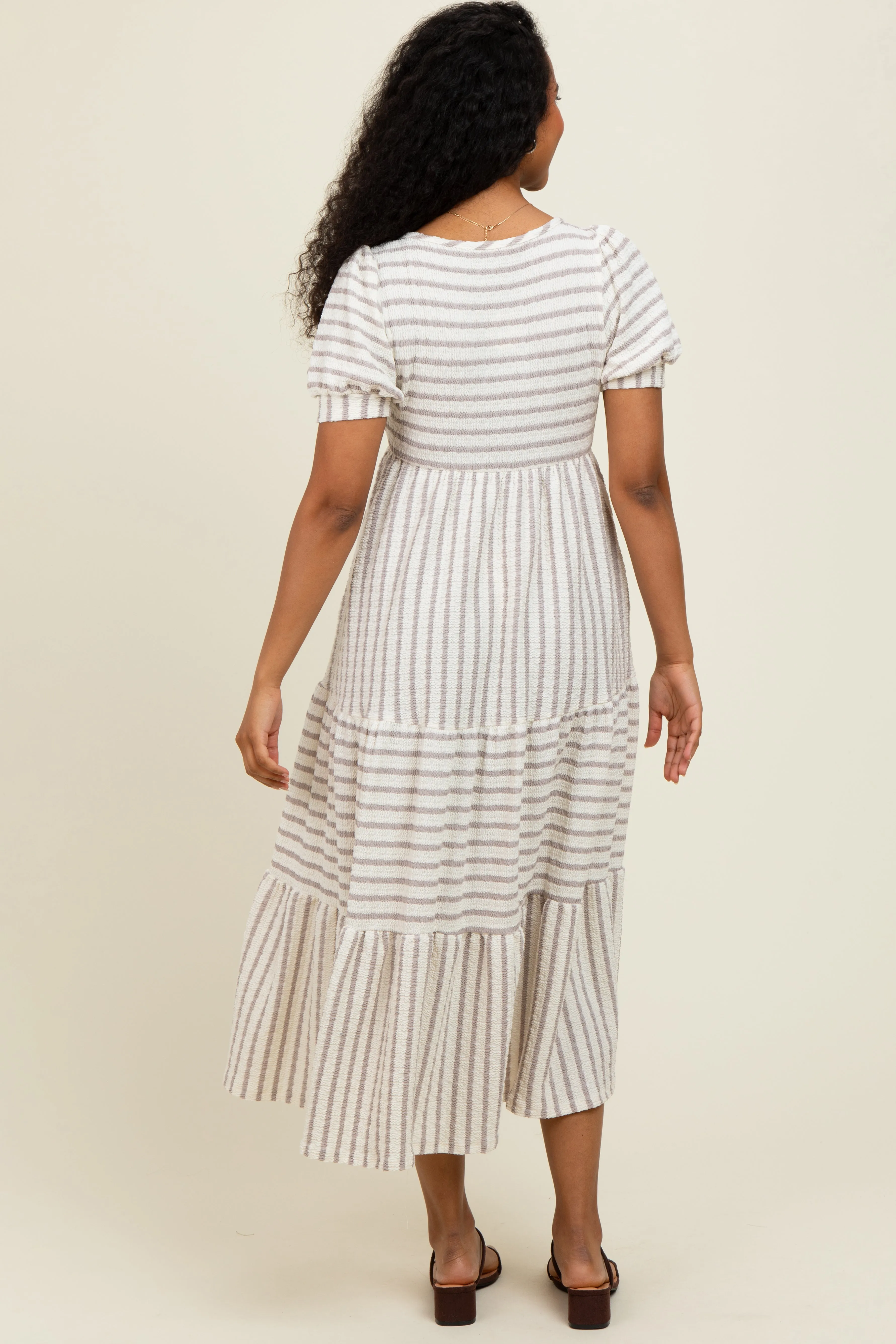 Cream/Taupe Striped Short Sleeve Tiered Maxi Dress sold by Pinkblush product image thumbnail 4