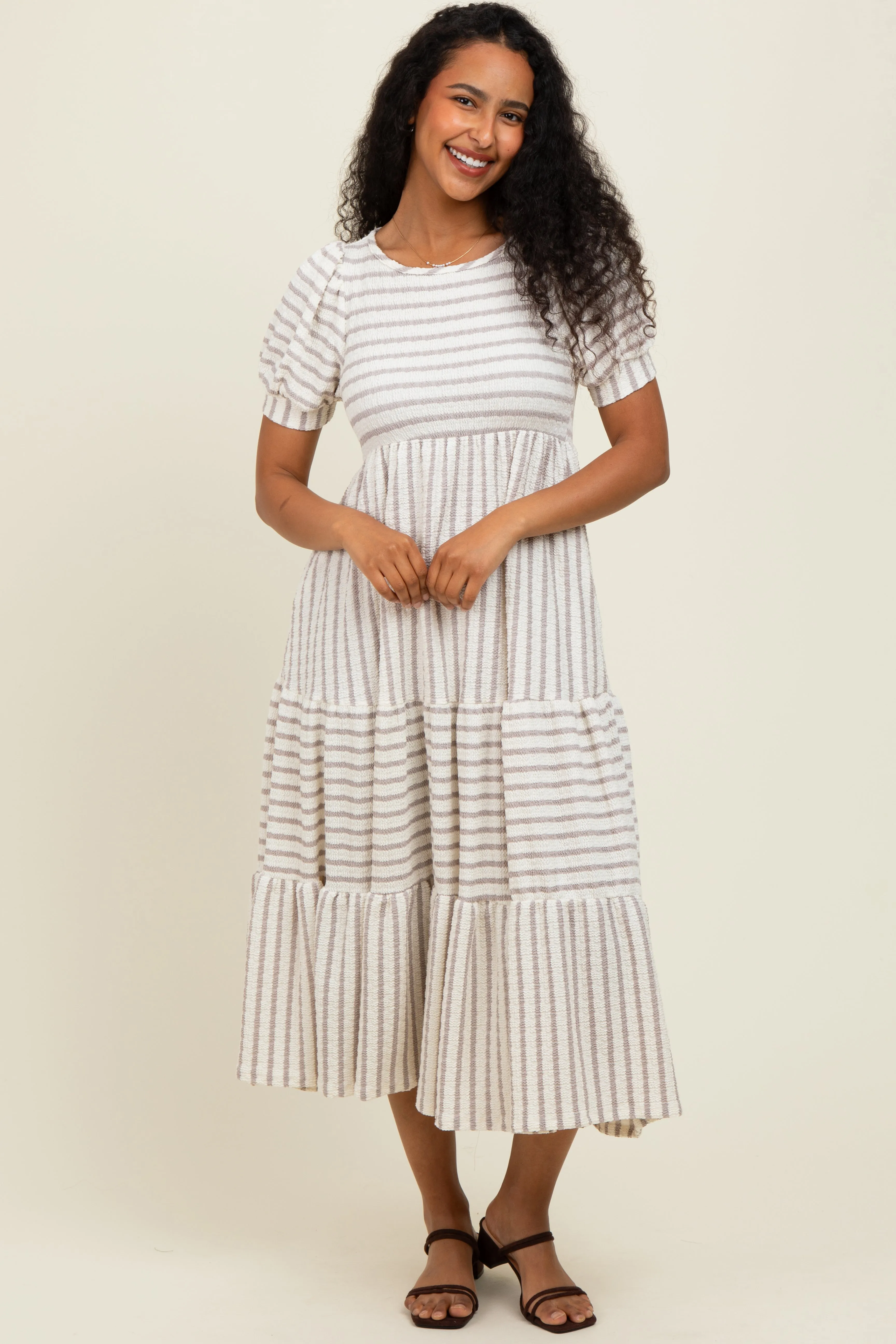 Cream/Taupe Striped Short Sleeve Tiered Maxi Dress sold by Pinkblush product image thumbnail 2