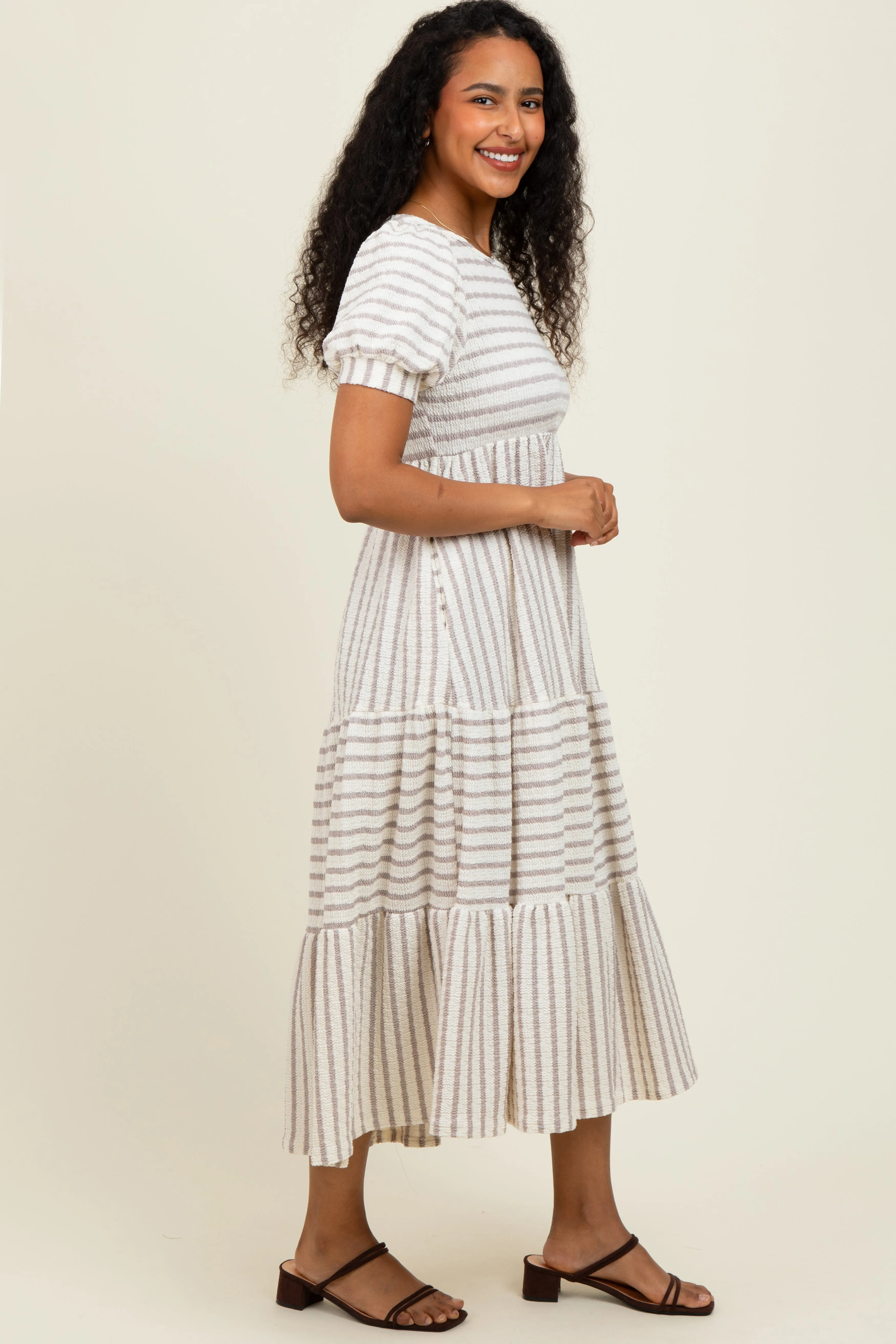 Cream/Taupe Striped Short Sleeve Tiered Maxi Dress sold by Pinkblush product image thumbnail 3