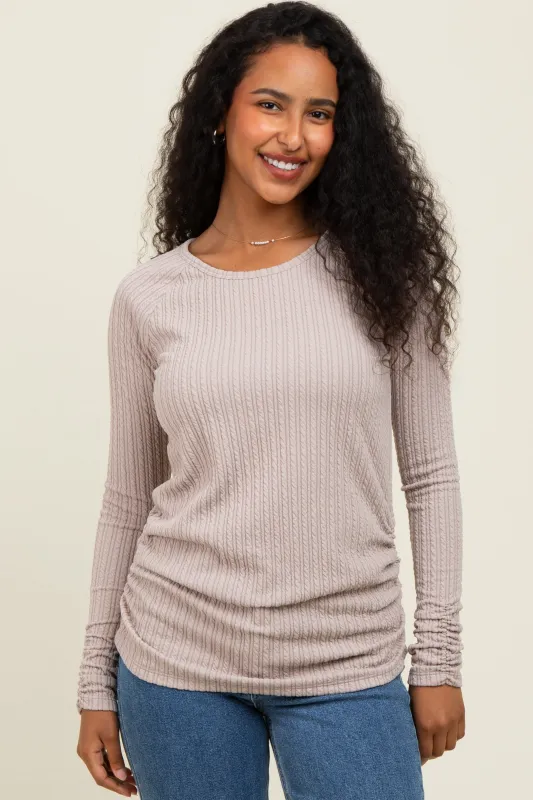 Mocha Solid Ribbed Ruched Long Sleeve Top sold by Pinkblush