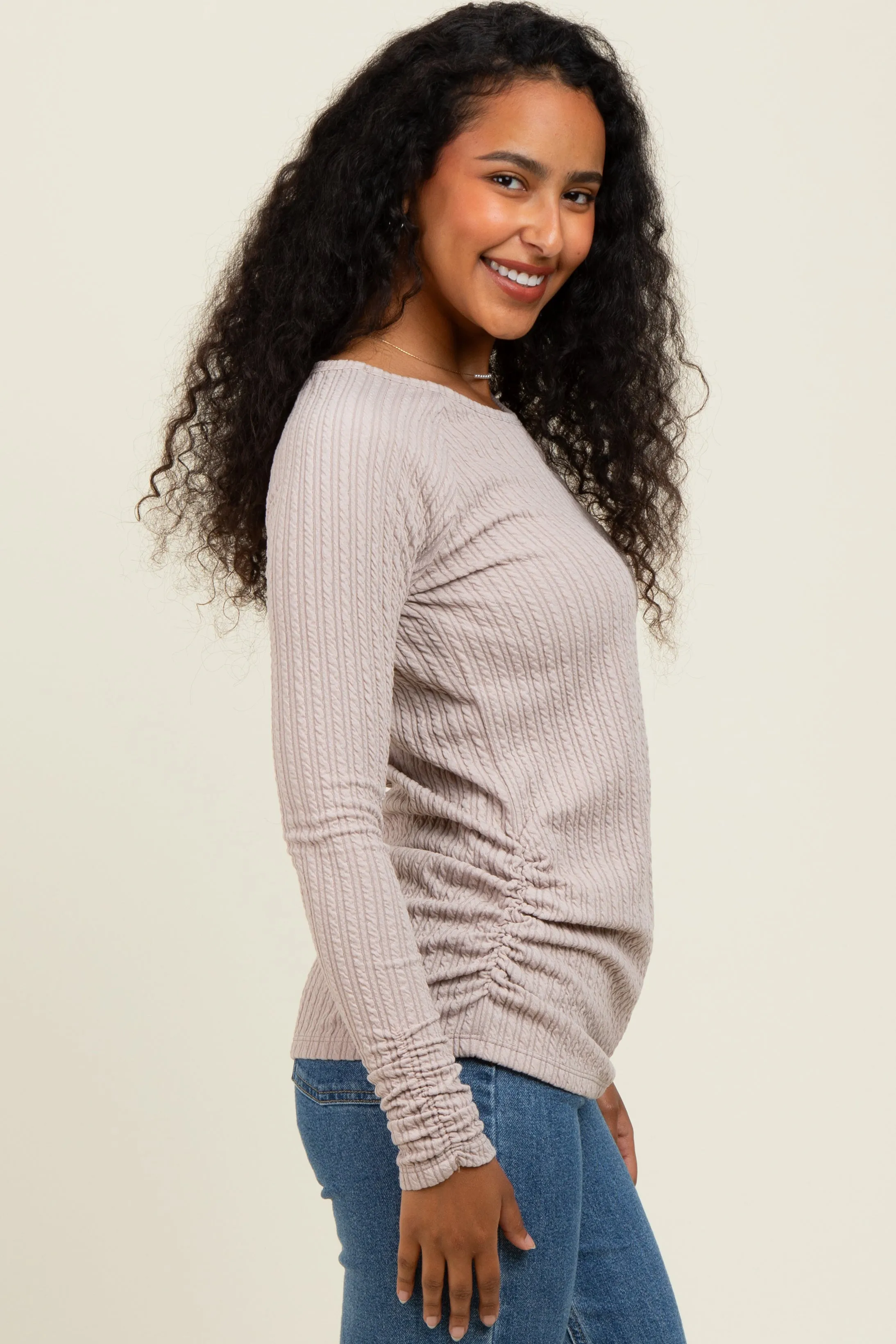 Mocha Solid Ribbed Ruched Long Sleeve Top sold by Pinkblush product image thumbnail 3