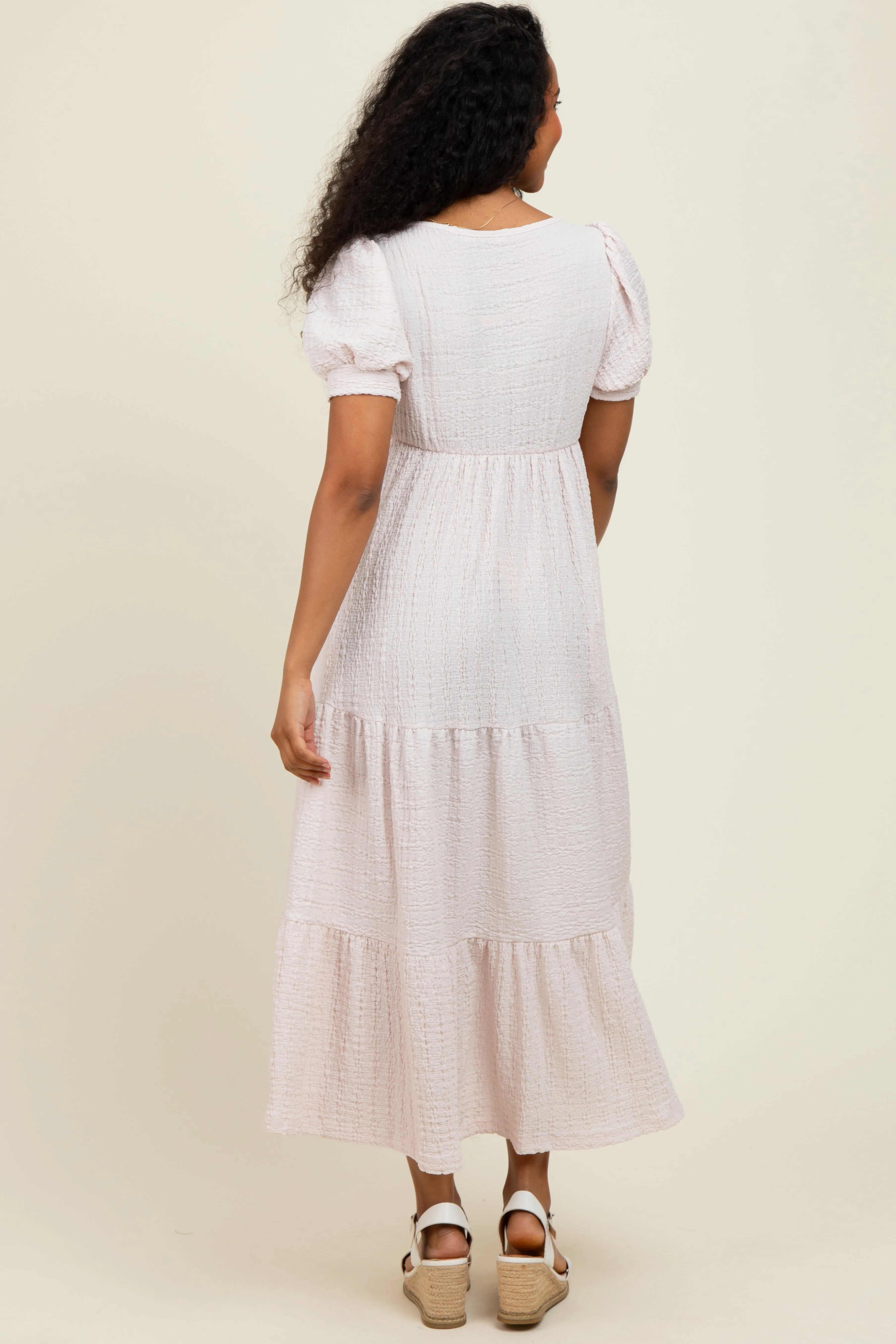 Light Pink Solid Textured Tiered Shirt Sleeve Maxi Dress sold by Pinkblush product image thumbnail 4