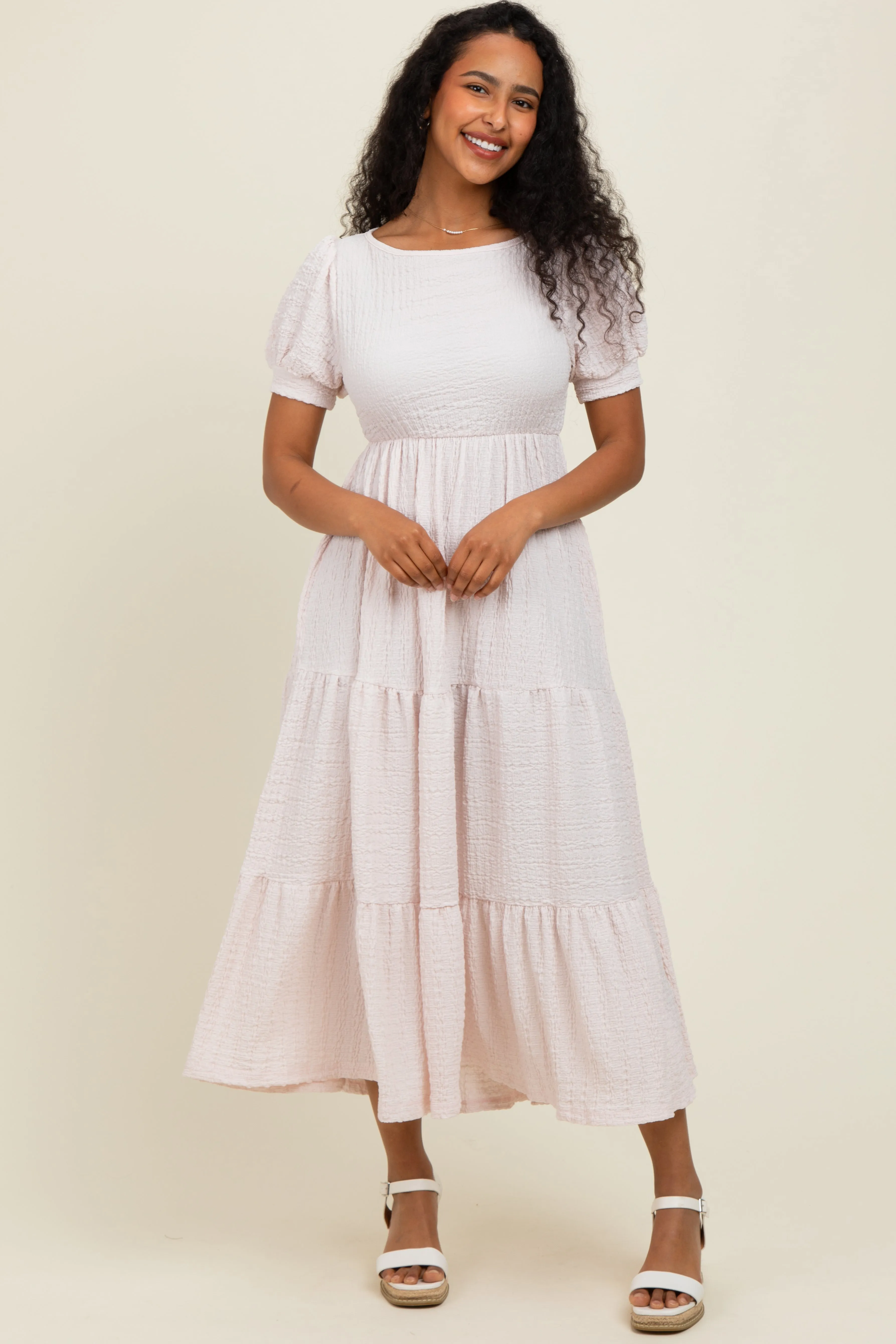 Light Pink Solid Textured Tiered Shirt Sleeve Maxi Dress sold by Pinkblush product image thumbnail 2
