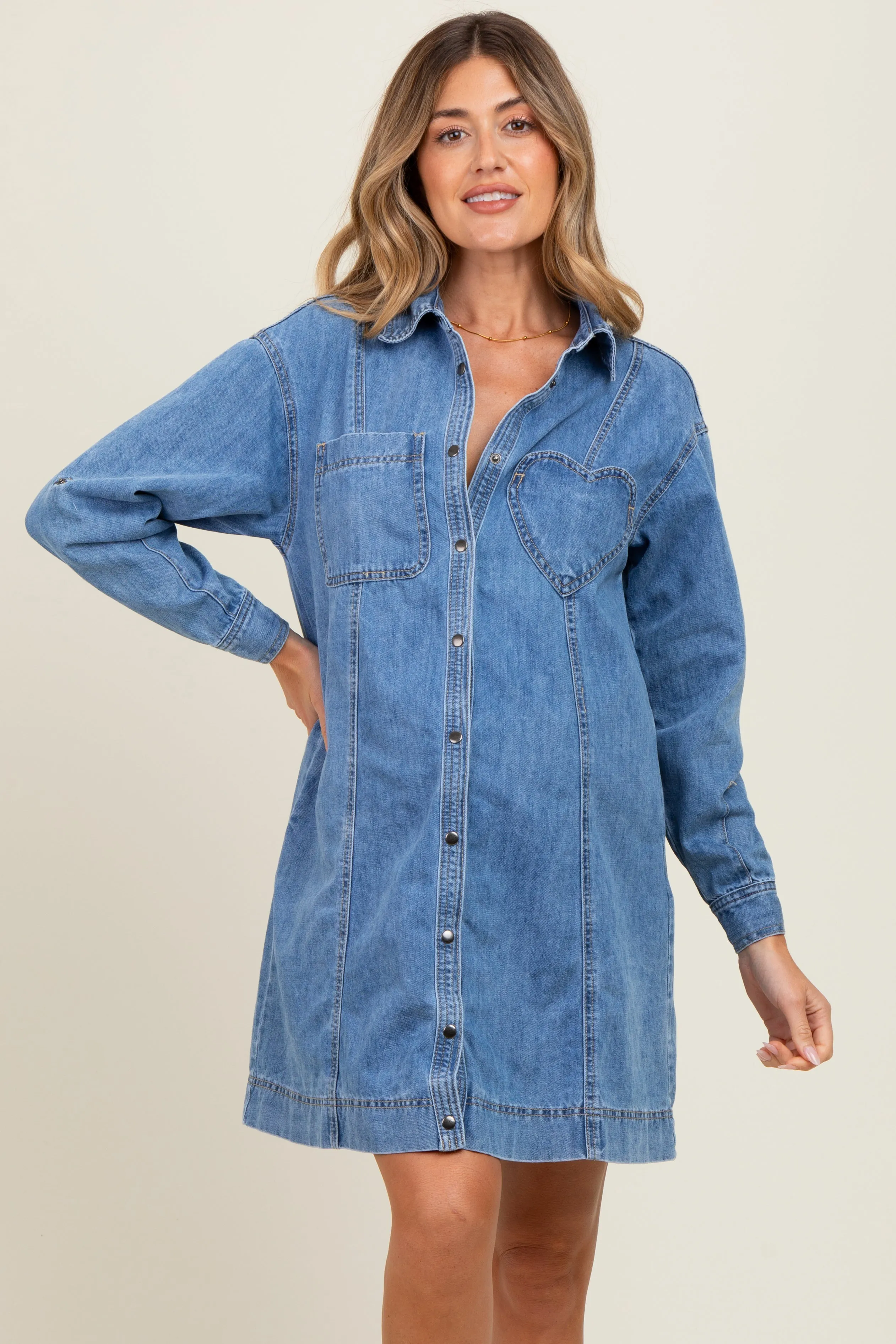 Blue Denim Heart-Pocket Maternity Shirt Dress sold by Pinkblush product image thumbnail 2