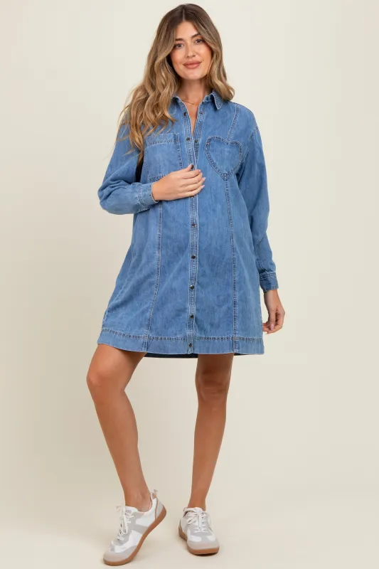 Blue Denim Heart-Pocket Maternity Shirt Dress sold by Pinkblush