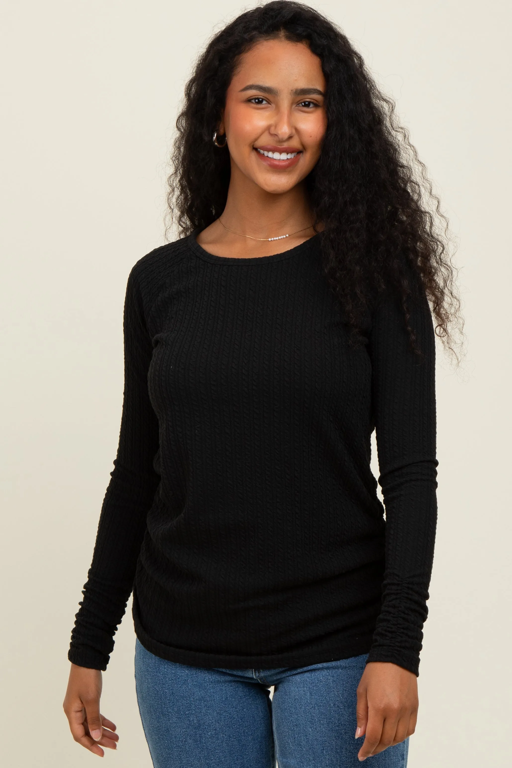 Black Solid Ribbed Ruched Long Sleeve Top sold by Pinkblush