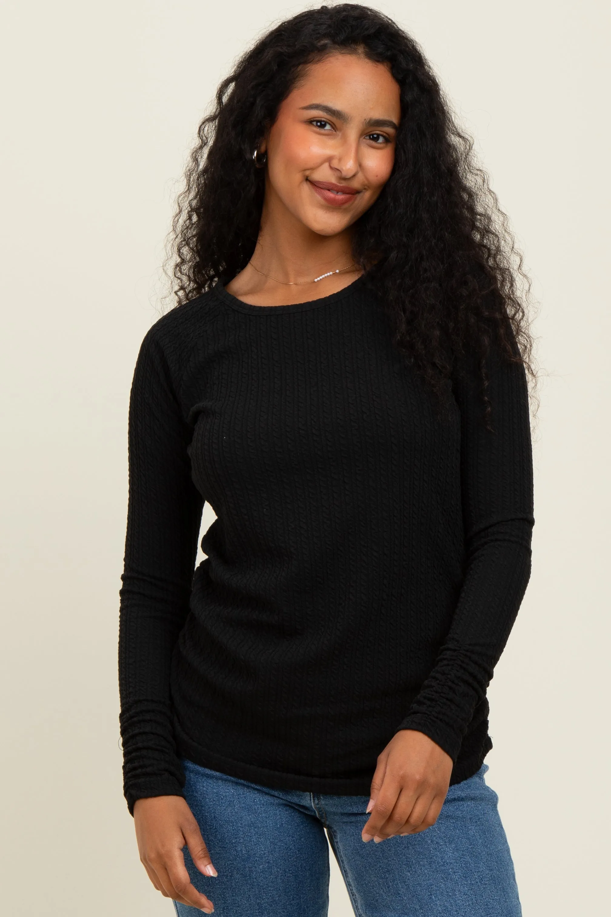 Black Solid Ribbed Ruched Long Sleeve Top sold by Pinkblush product image thumbnail 2