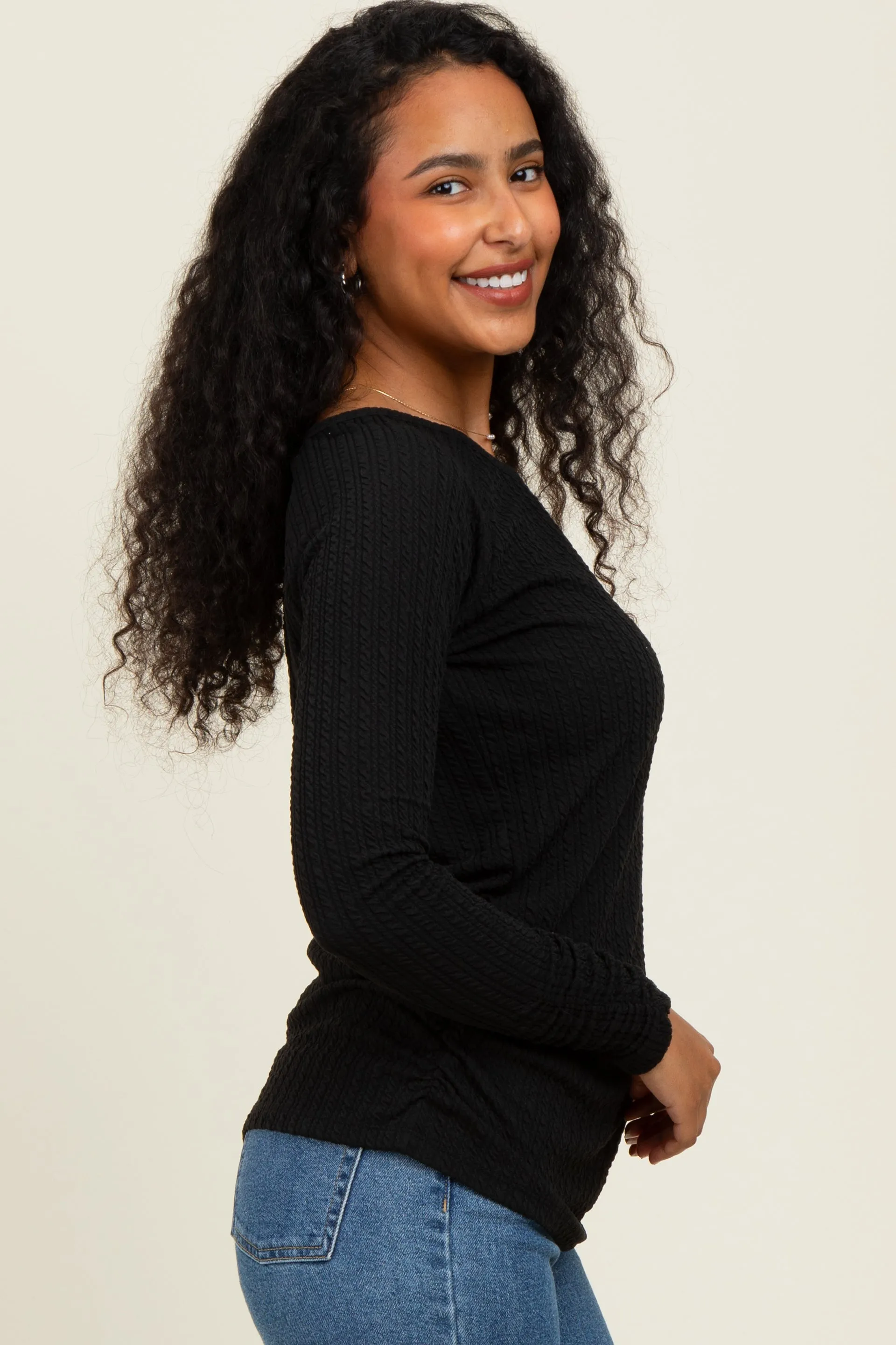 Black Solid Ribbed Ruched Long Sleeve Top sold by Pinkblush product image thumbnail 3