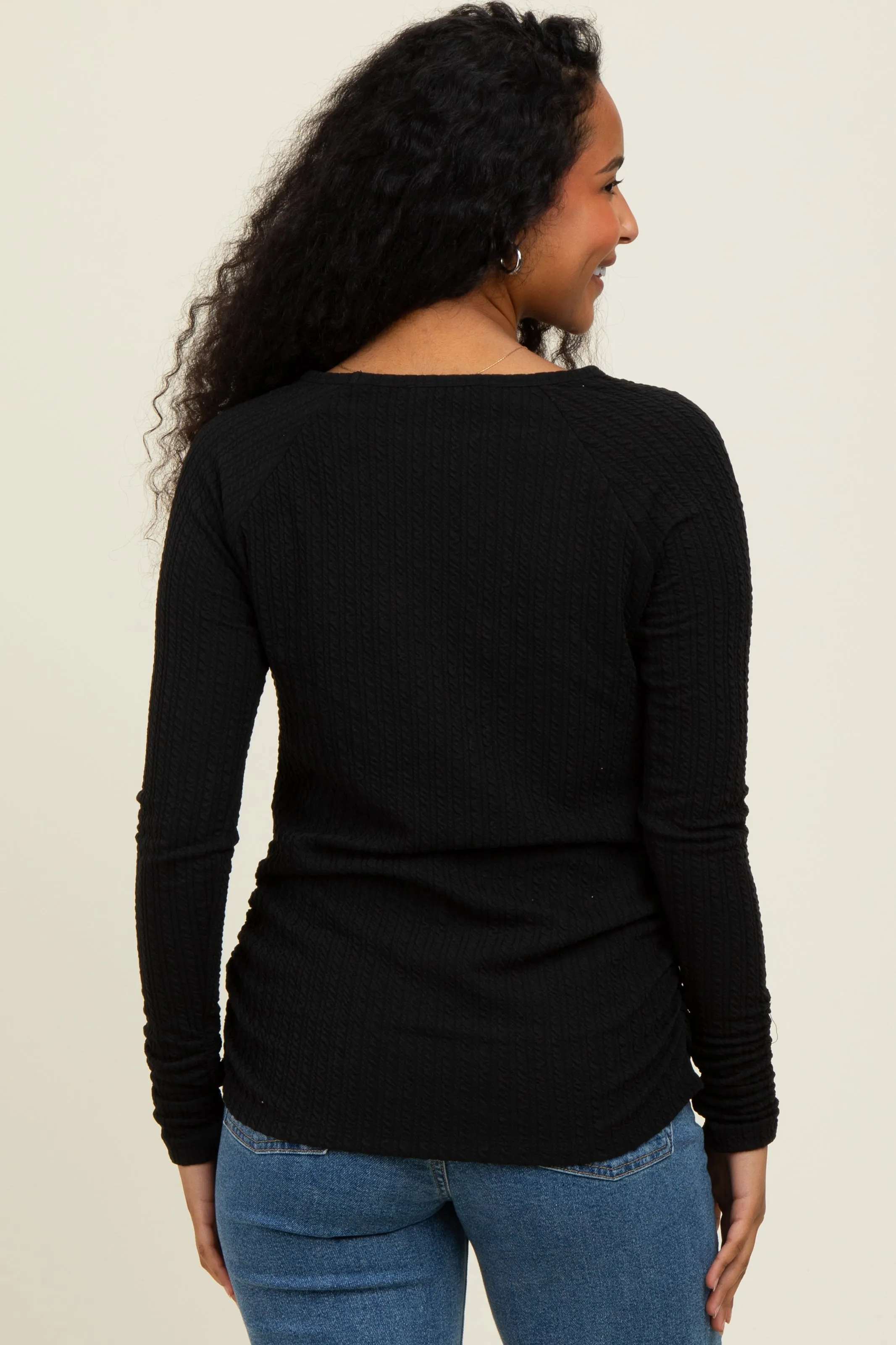 Black Solid Ribbed Ruched Long Sleeve Top sold by Pinkblush product image thumbnail 4