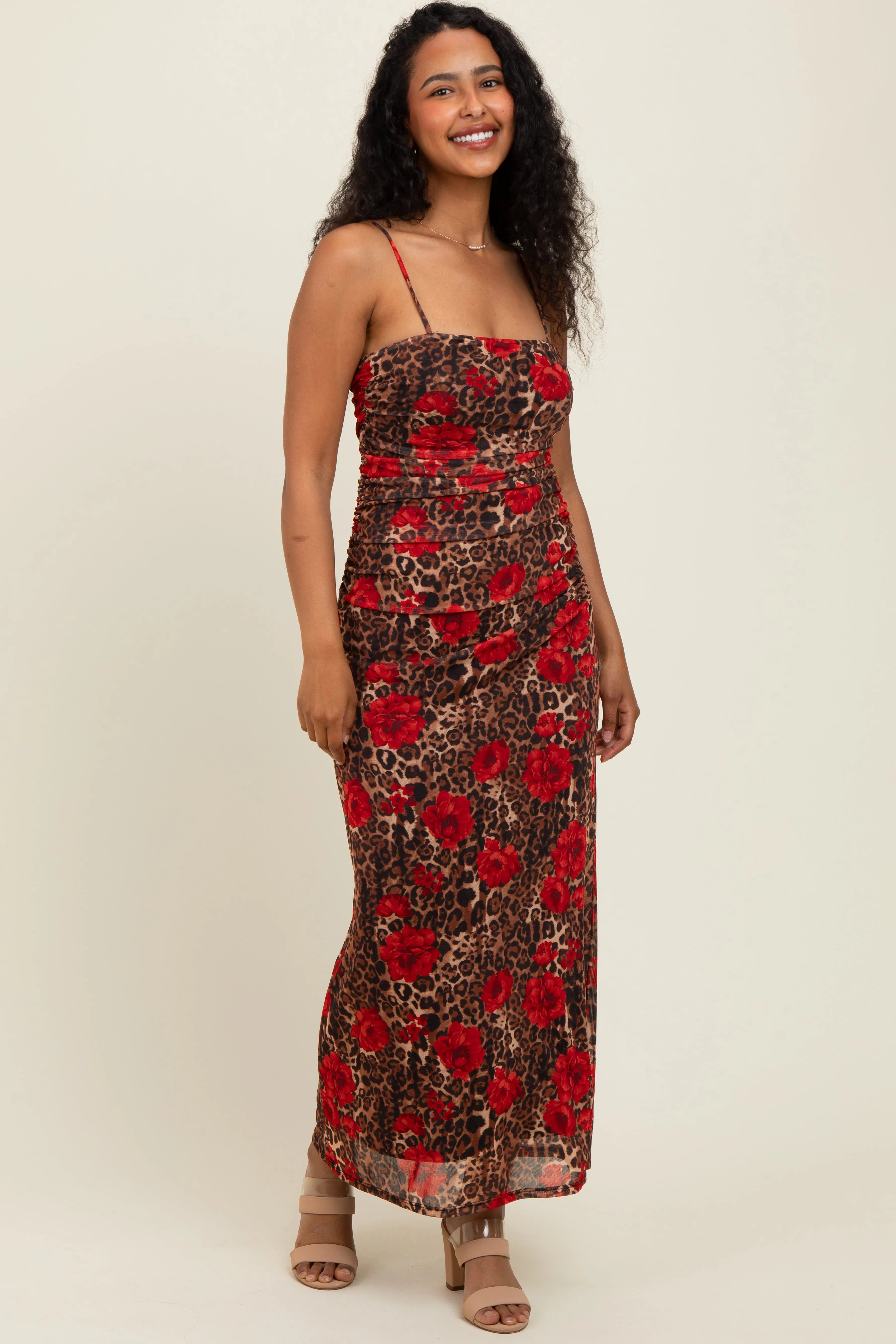 Brown Leopard Floral Mesh Ruched Sleeveless Maxi Dress sold by Pinkblush product image thumbnail 2