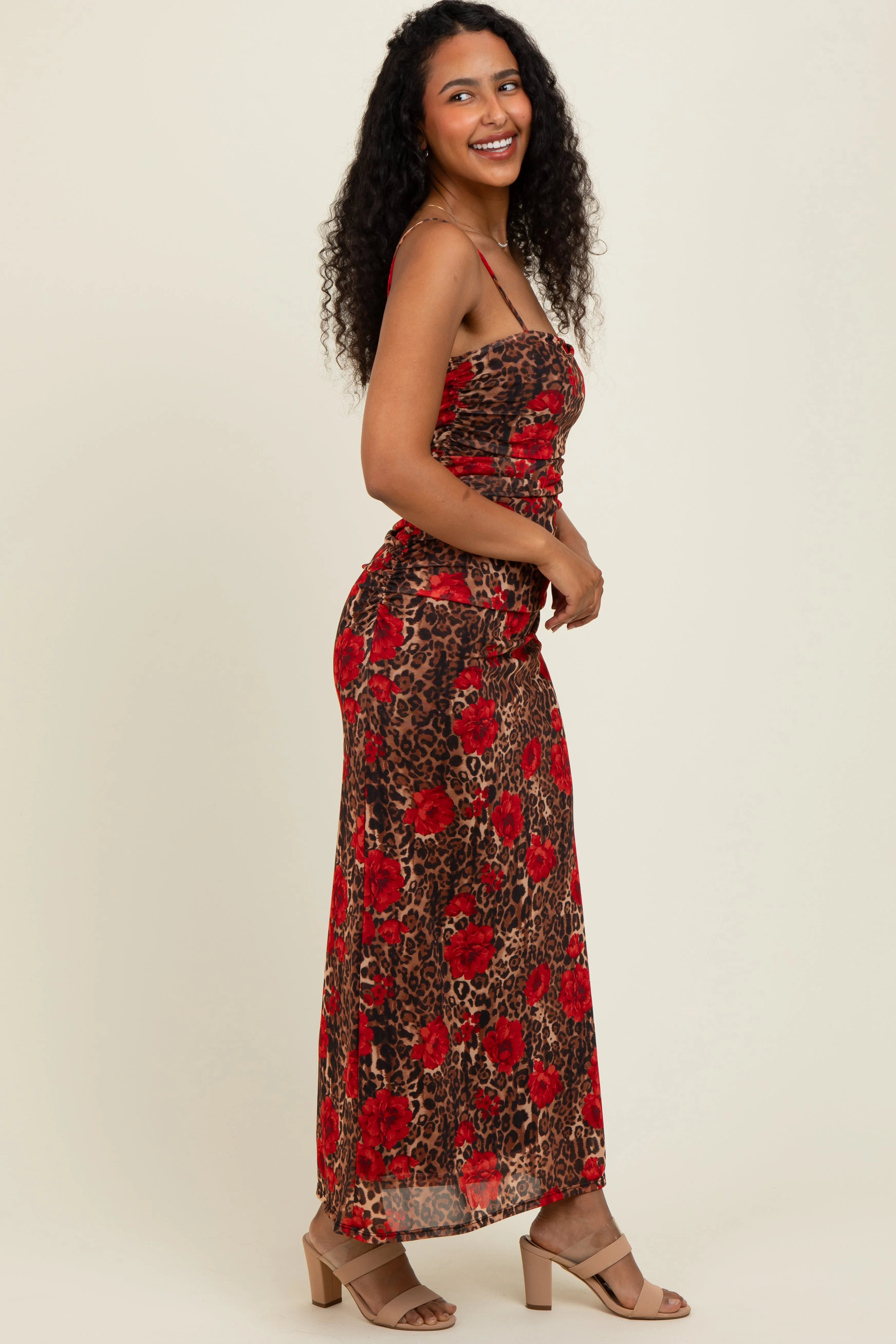 Brown Leopard Floral Mesh Ruched Sleeveless Maxi Dress sold by Pinkblush product image thumbnail 3
