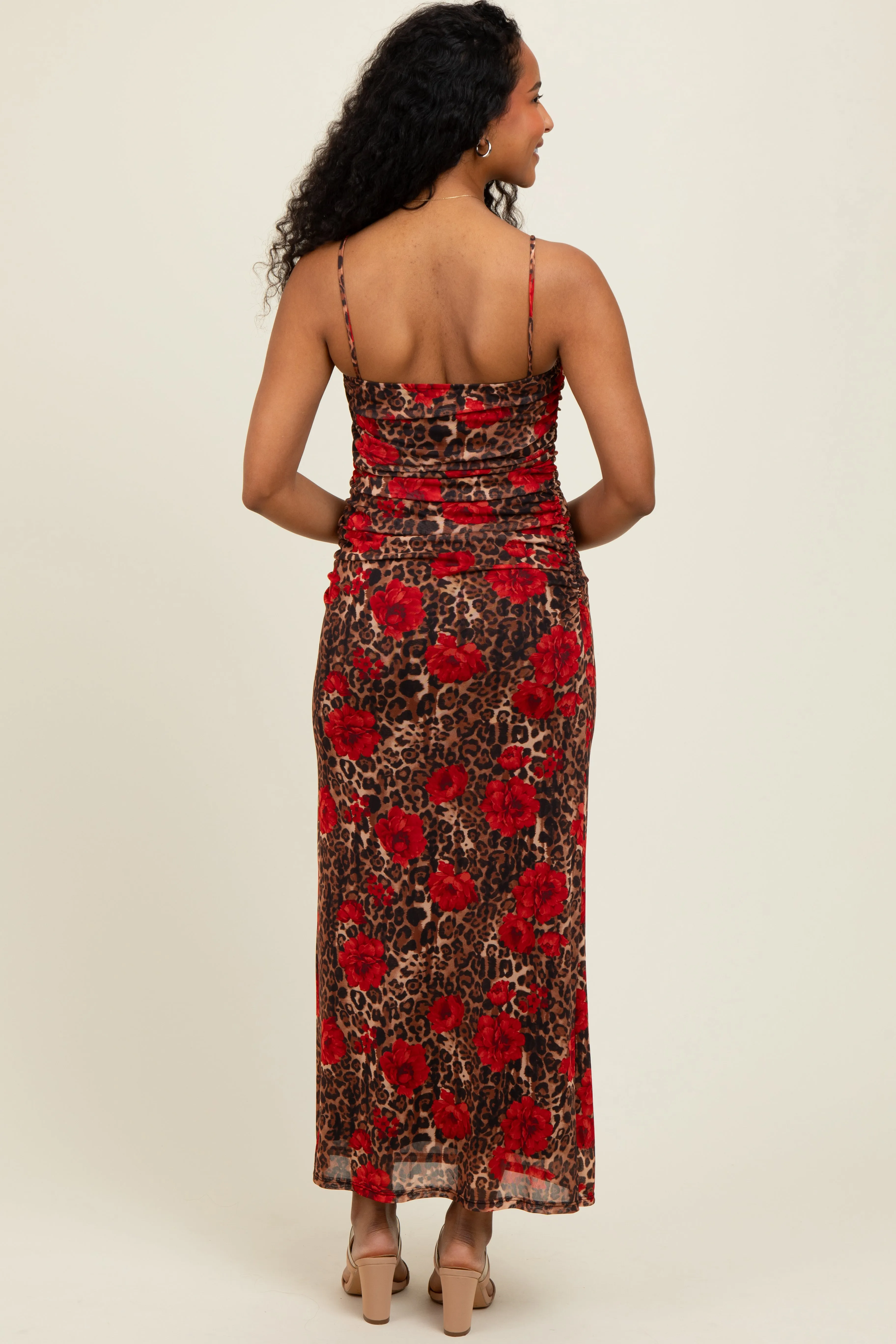 Brown Leopard Floral Mesh Ruched Sleeveless Maxi Dress sold by Pinkblush product image thumbnail 4