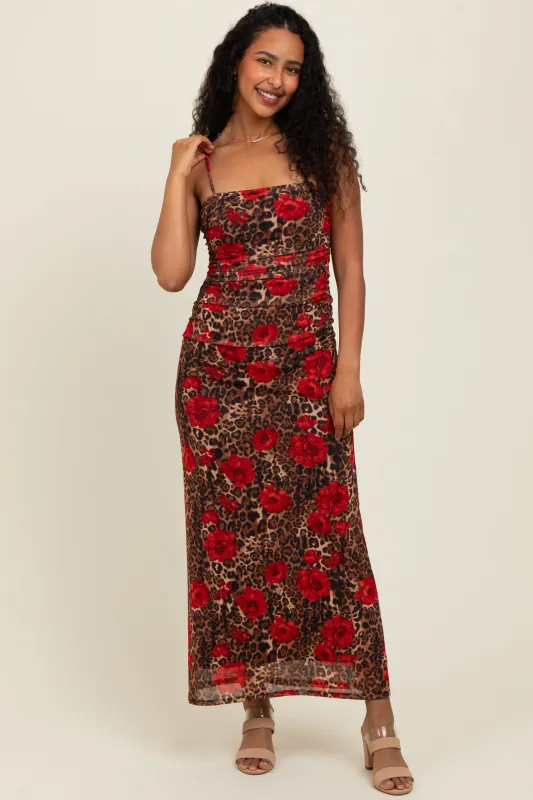 Brown Leopard Floral Mesh Ruched Sleeveless Maxi Dress sold by Pinkblush