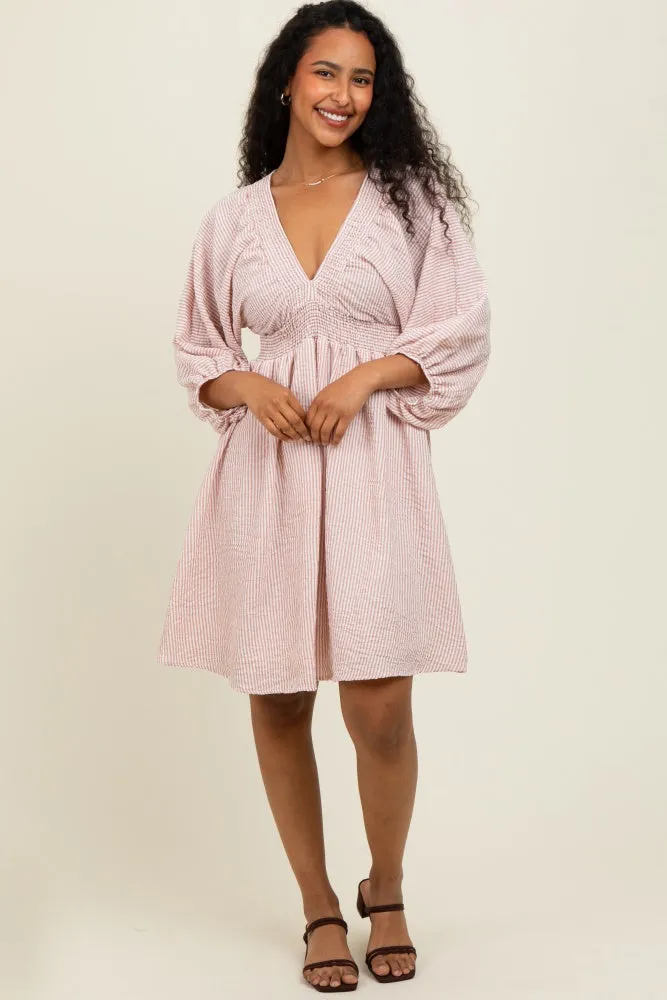 Mauve Striped Balloon Sleeve V-Neck Dress sold by Pinkblush product image thumbnail 2