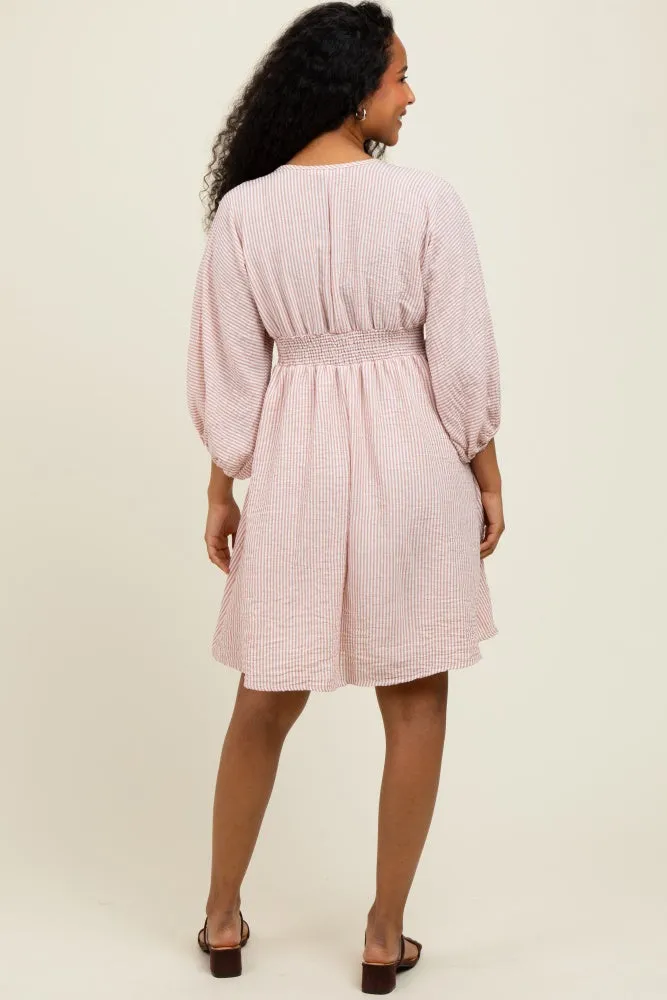 Mauve Striped Balloon Sleeve V-Neck Dress sold by Pinkblush product image thumbnail 4