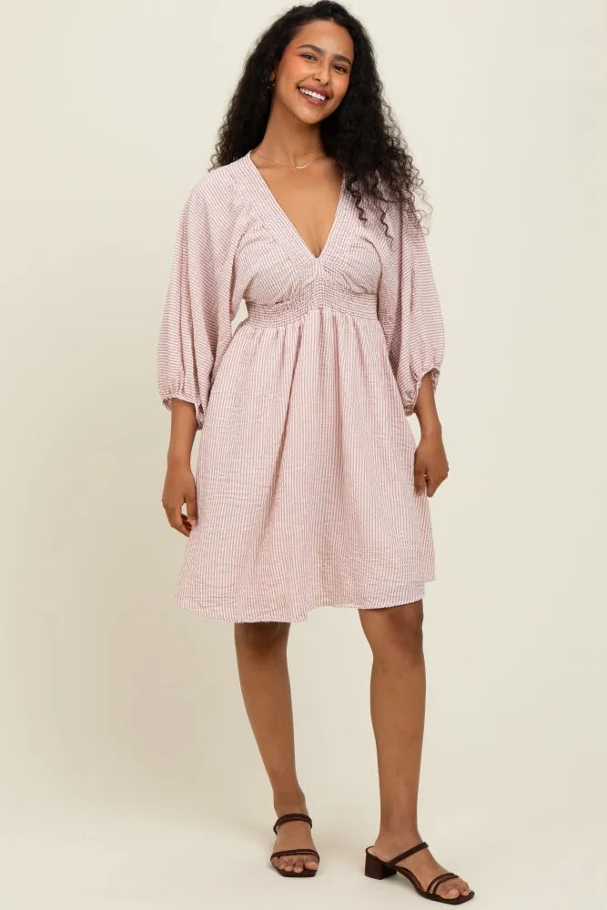 Mauve Striped Balloon Sleeve V-Neck Dress sold by Pinkblush