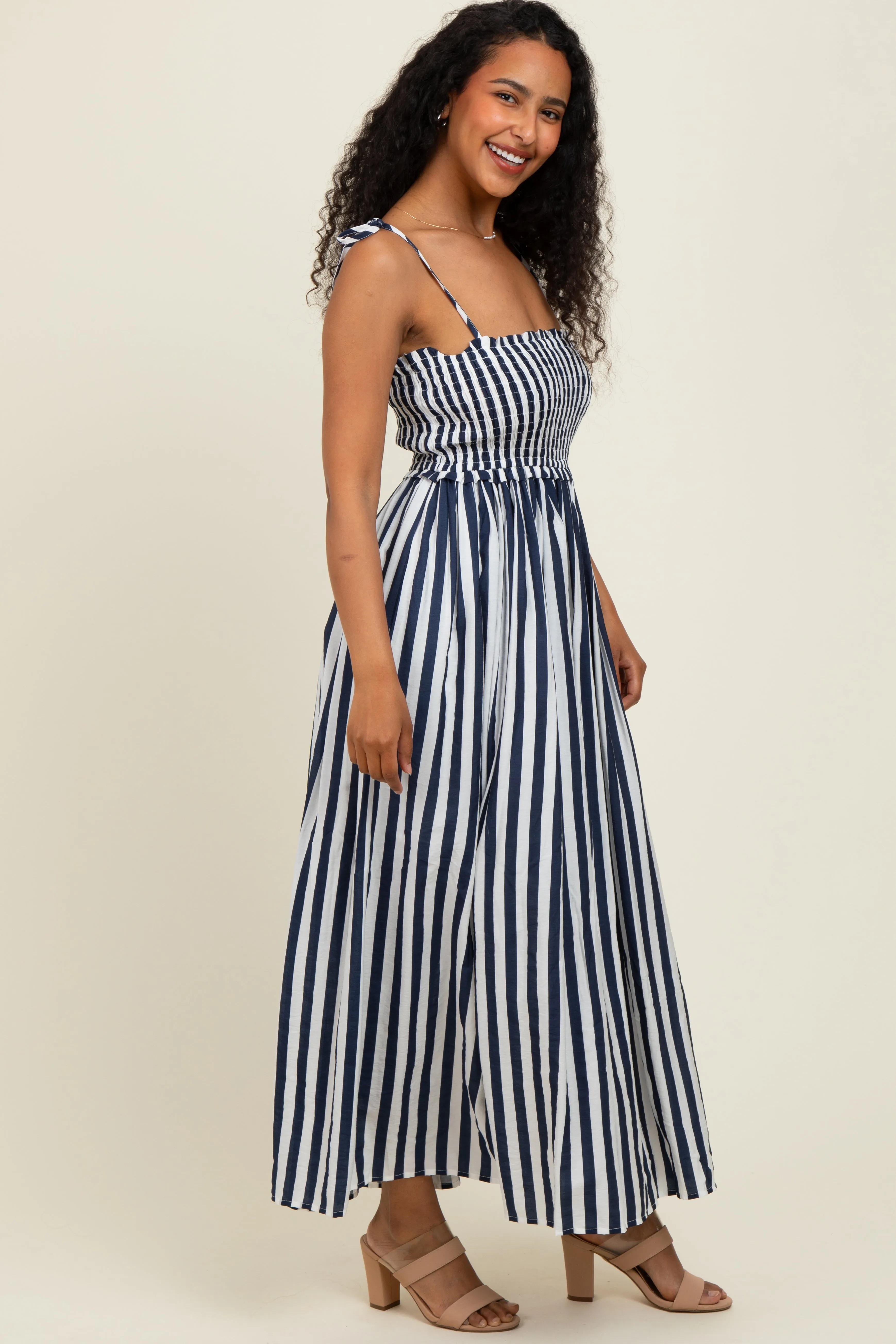 Navy Striped Smocked Shoulder Tie Midi Dress sold by Pinkblush product image thumbnail 3