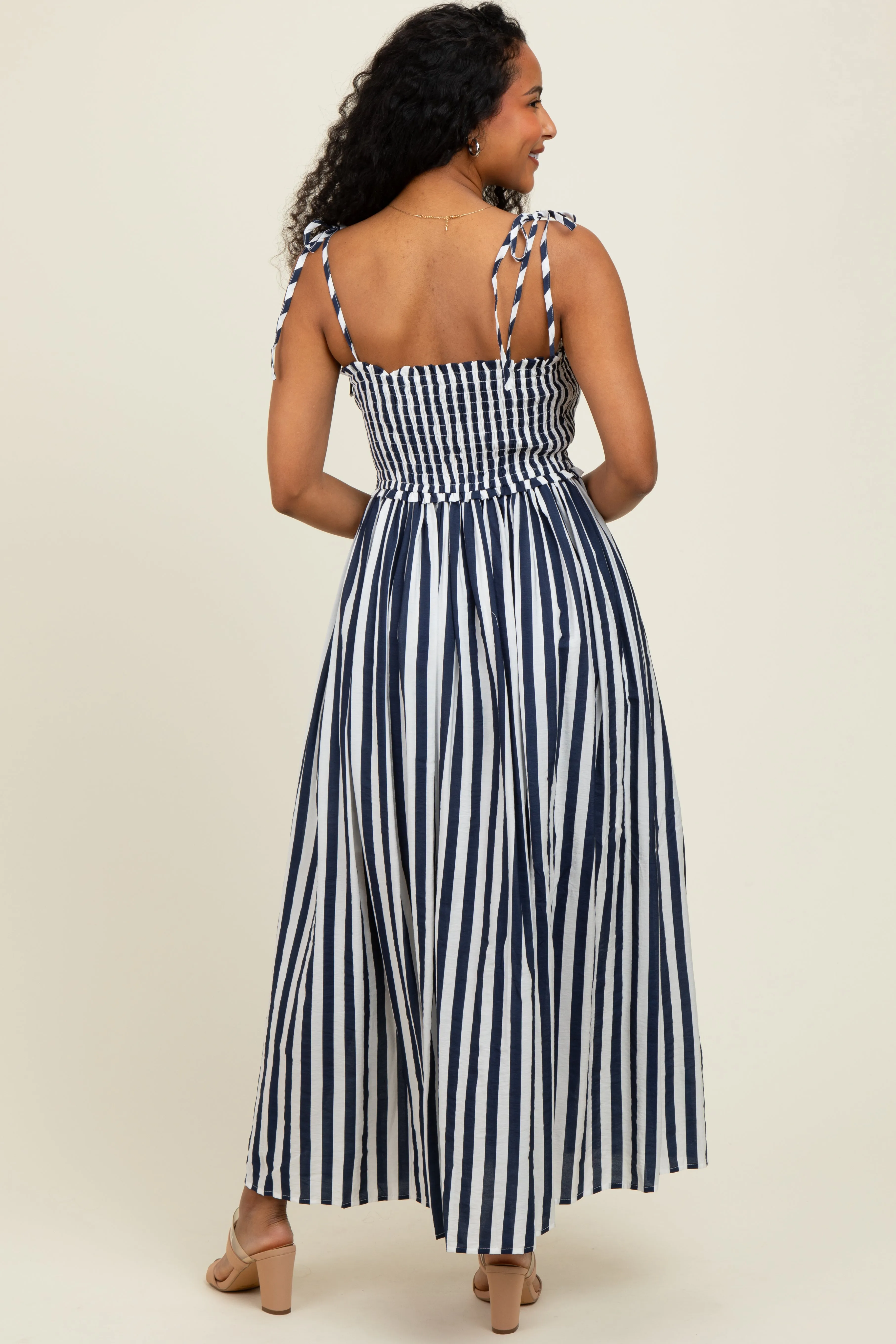 Navy Striped Smocked Shoulder Tie Midi Dress sold by Pinkblush product image thumbnail 4