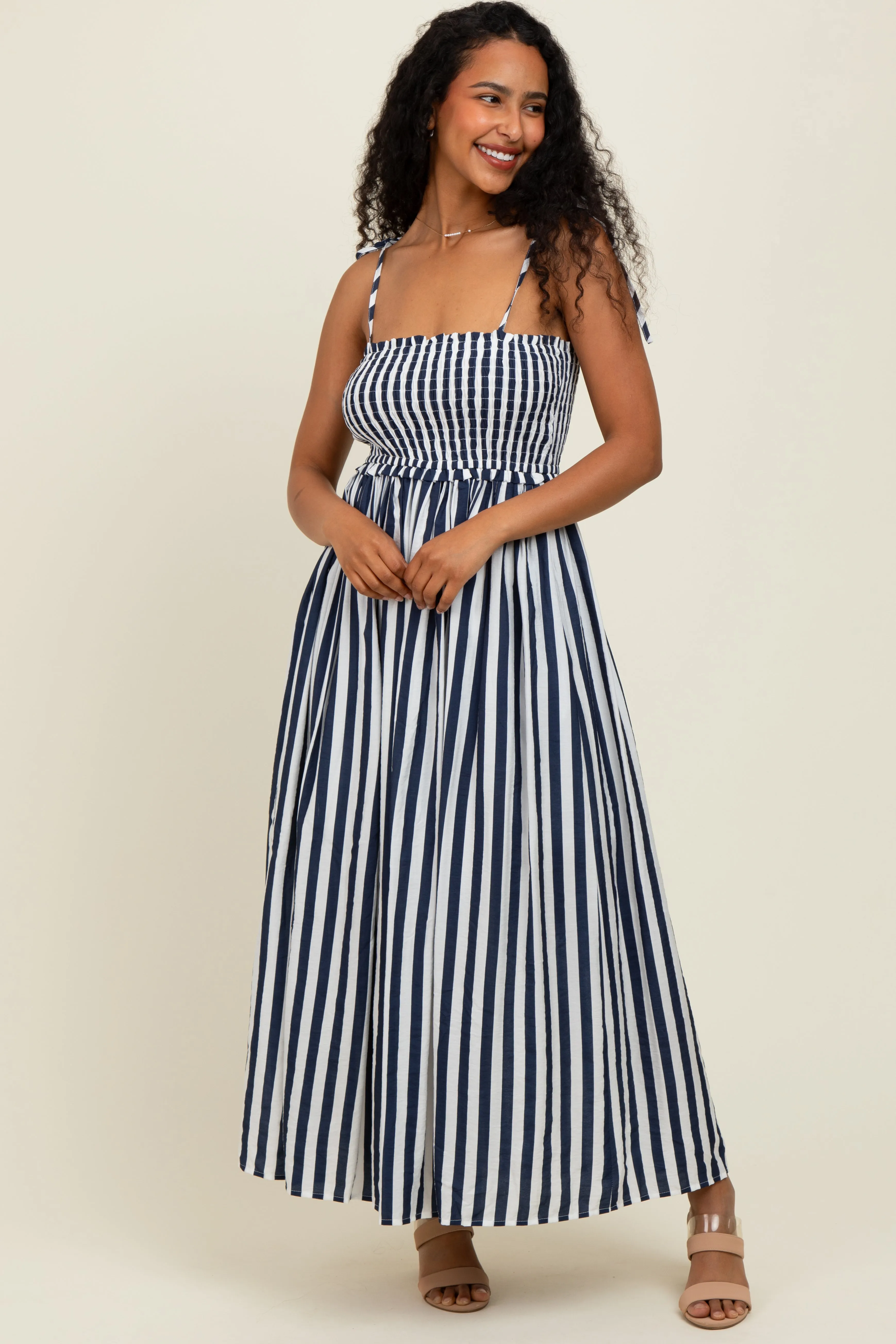 Navy Striped Smocked Shoulder Tie Midi Dress sold by Pinkblush product image thumbnail 2