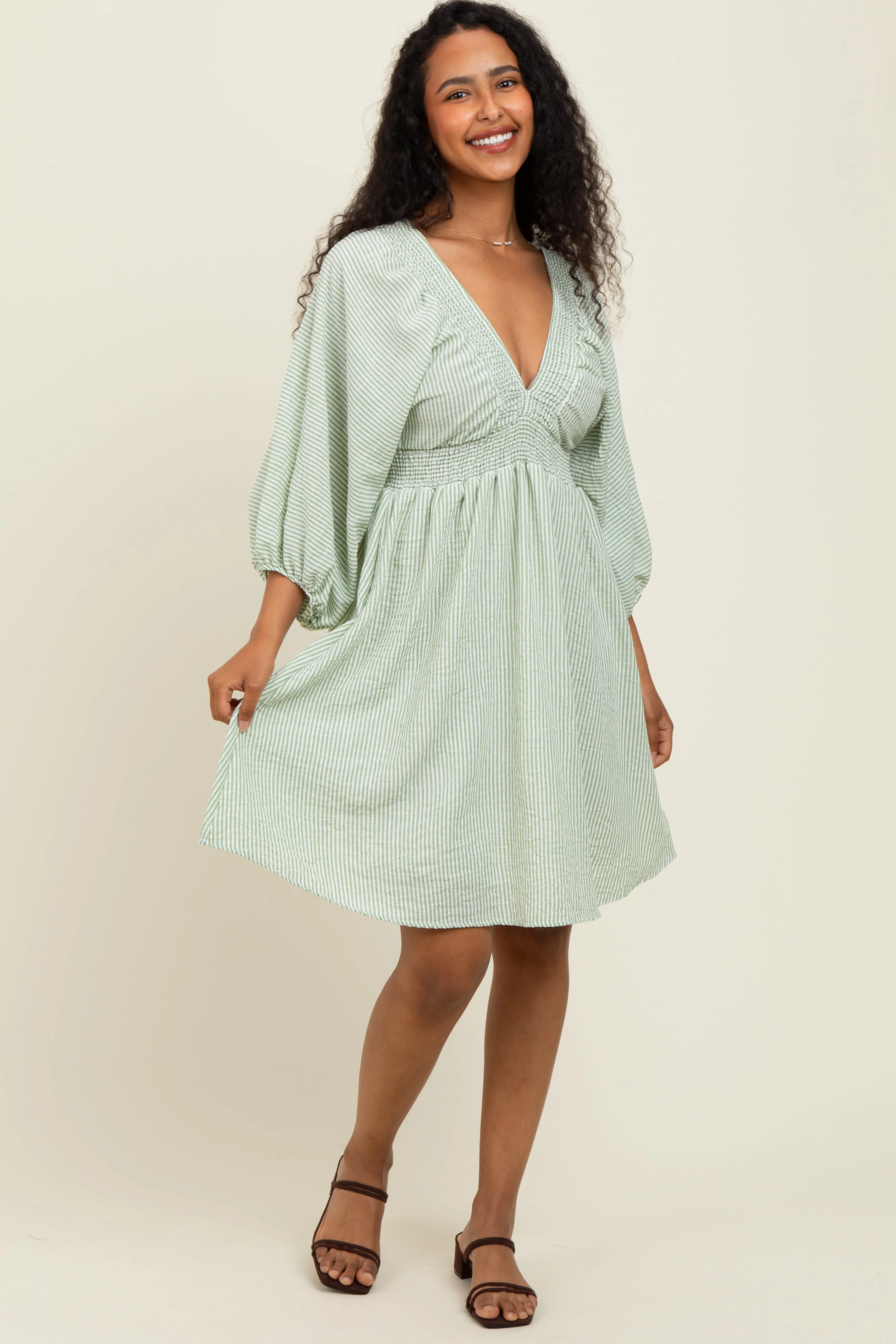 Sage Striped Balloon Sleeve V-Neck Dress sold by Pinkblush product image thumbnail 2