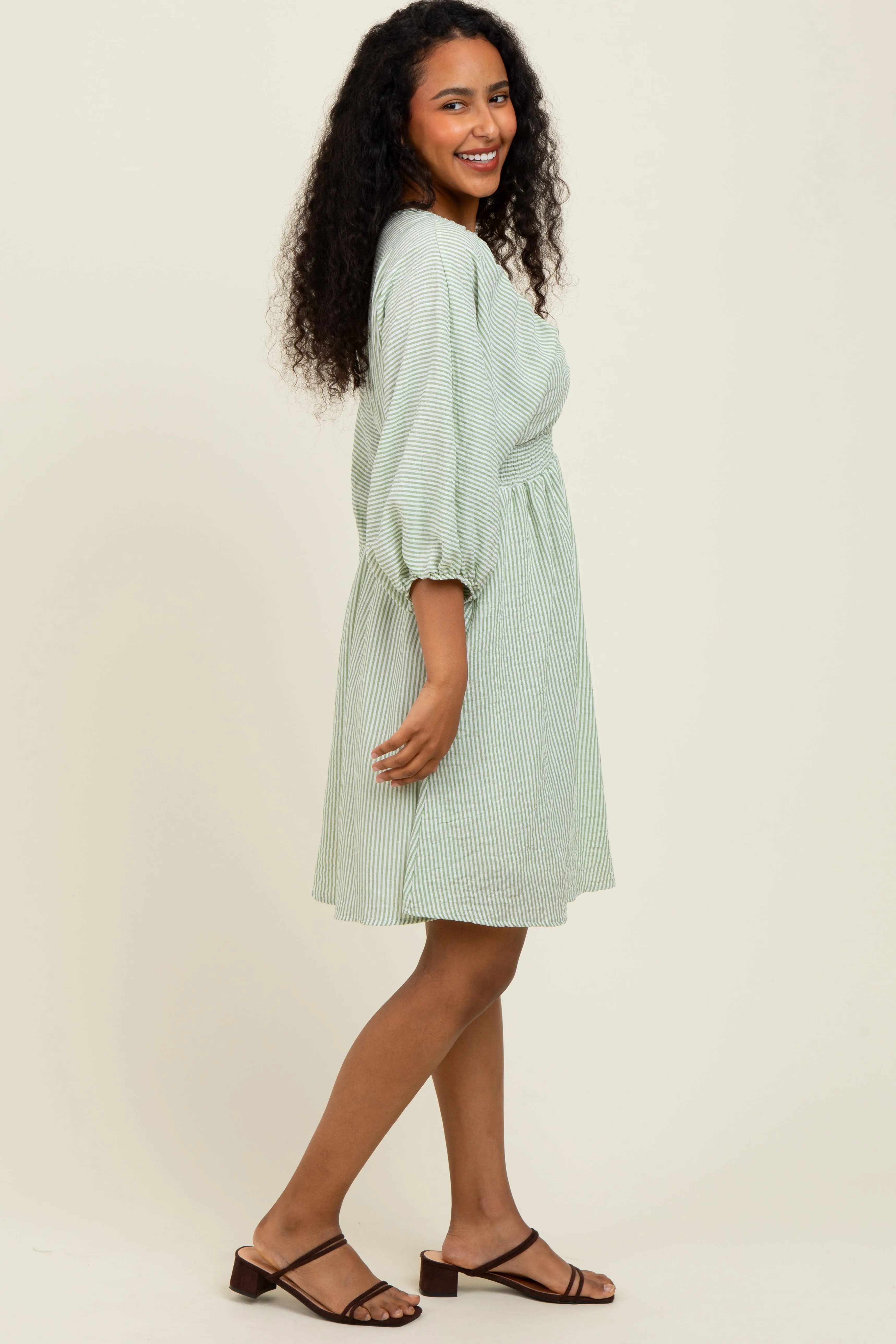 Sage Striped Balloon Sleeve V-Neck Dress sold by Pinkblush product image thumbnail 3