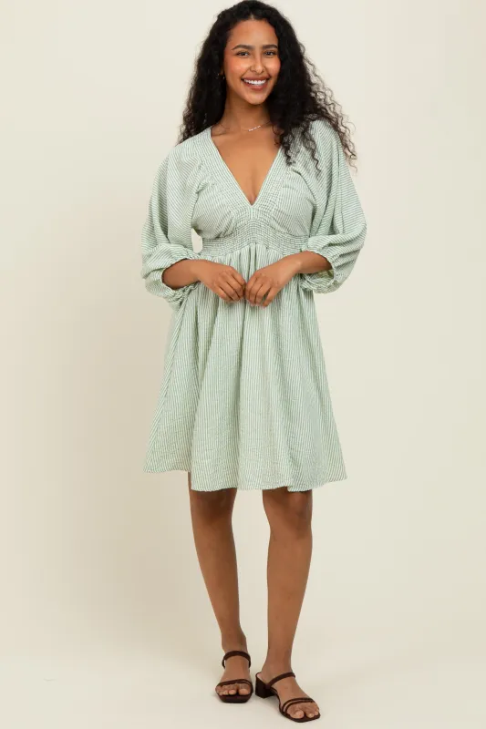 Sage Striped Balloon Sleeve V-Neck Dress sold by Pinkblush