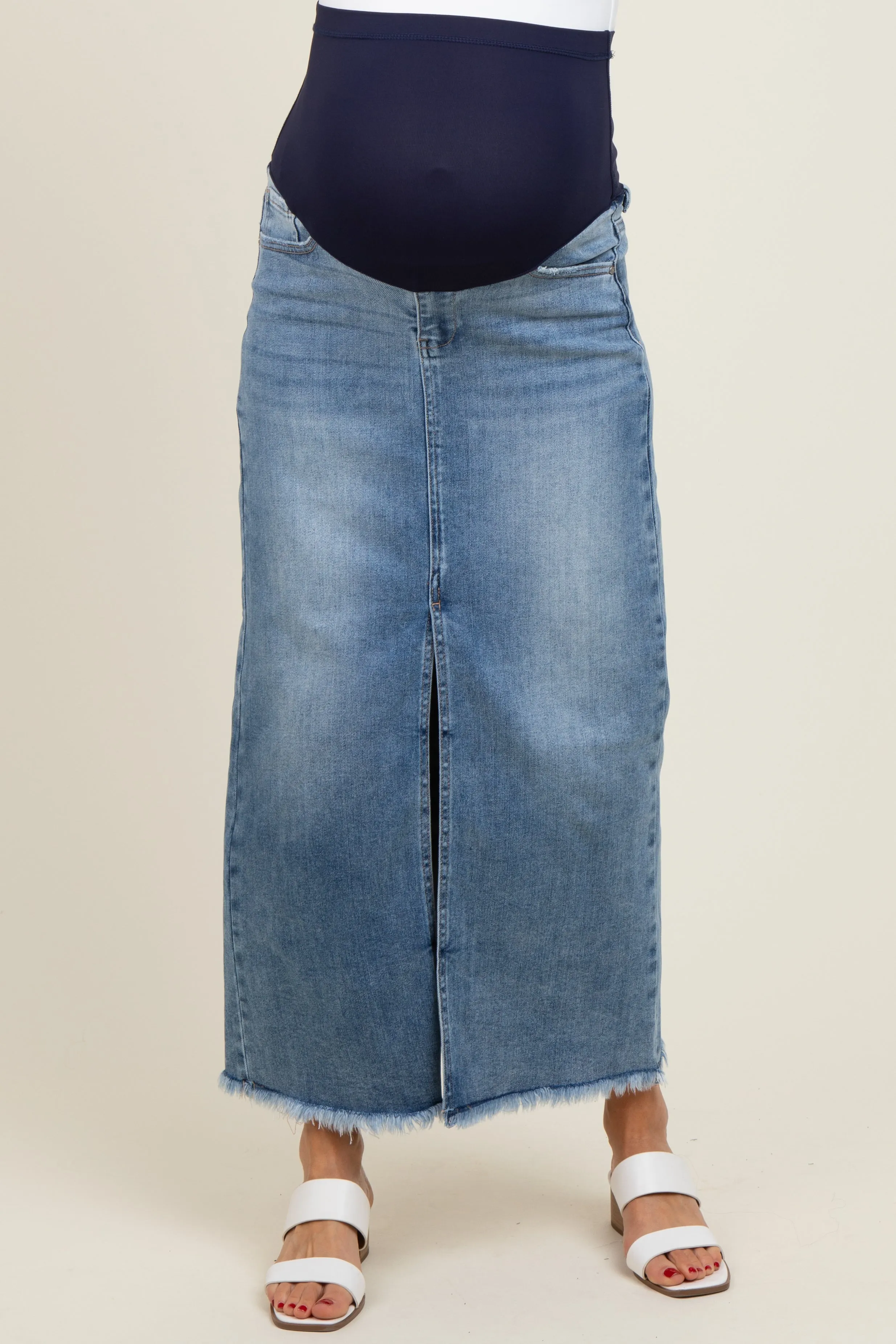 Blue Front Slit Fringe Hem Maternity Denim Maxi Skirt sold by Pinkblush product image thumbnail 2