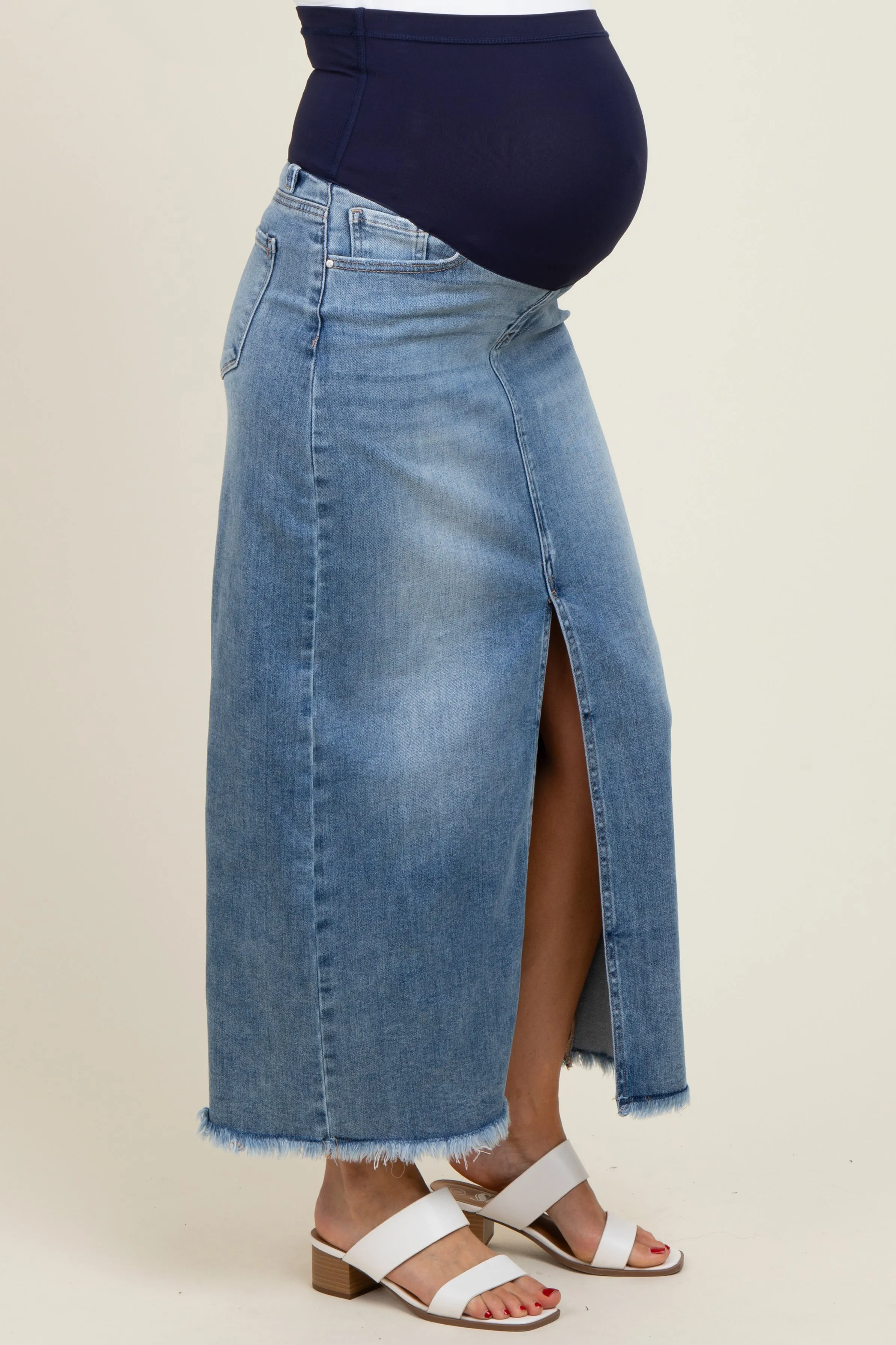 Blue Front Slit Fringe Hem Maternity Denim Maxi Skirt sold by Pinkblush product image thumbnail 3