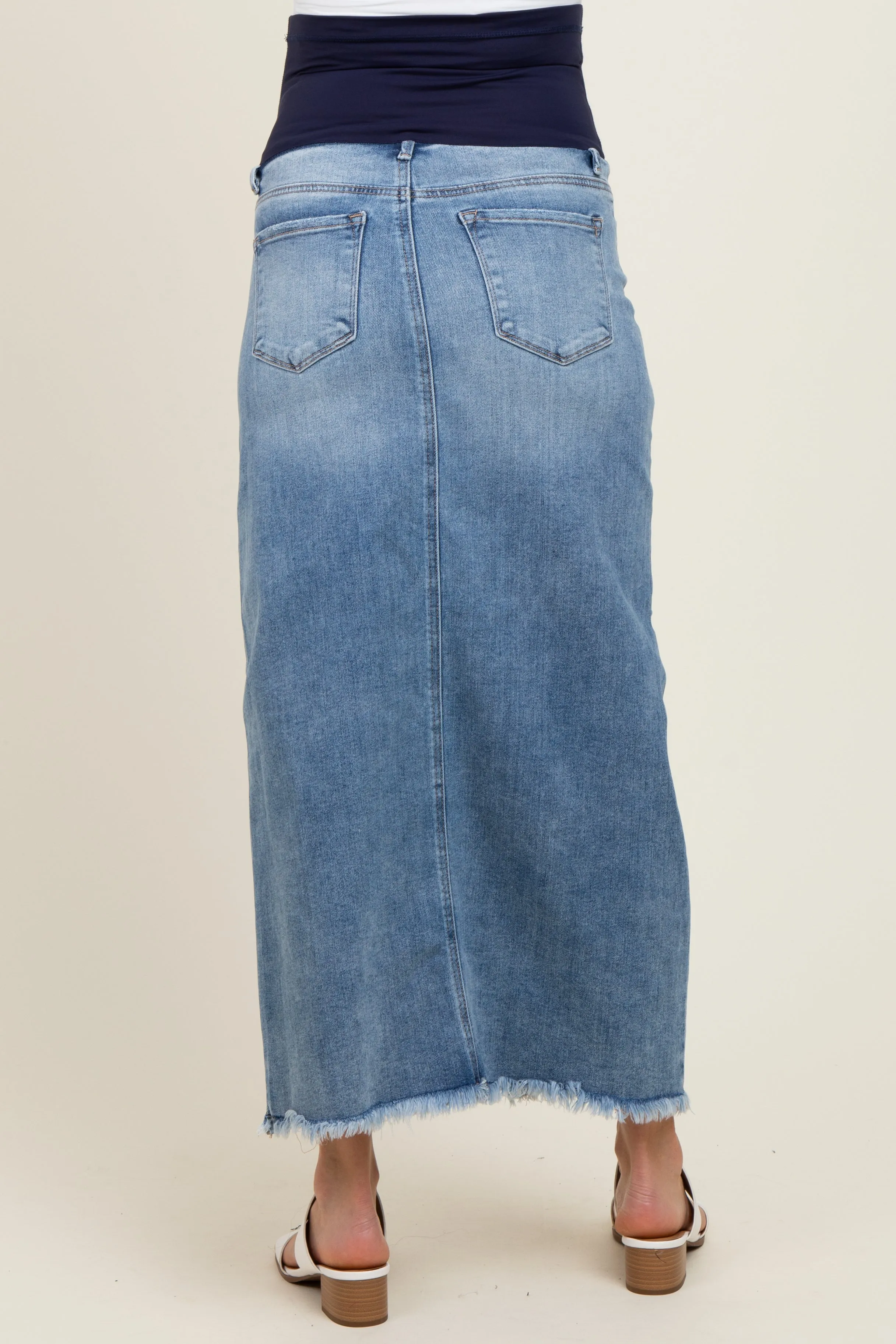 Blue Front Slit Fringe Hem Maternity Denim Maxi Skirt sold by Pinkblush product image thumbnail 4