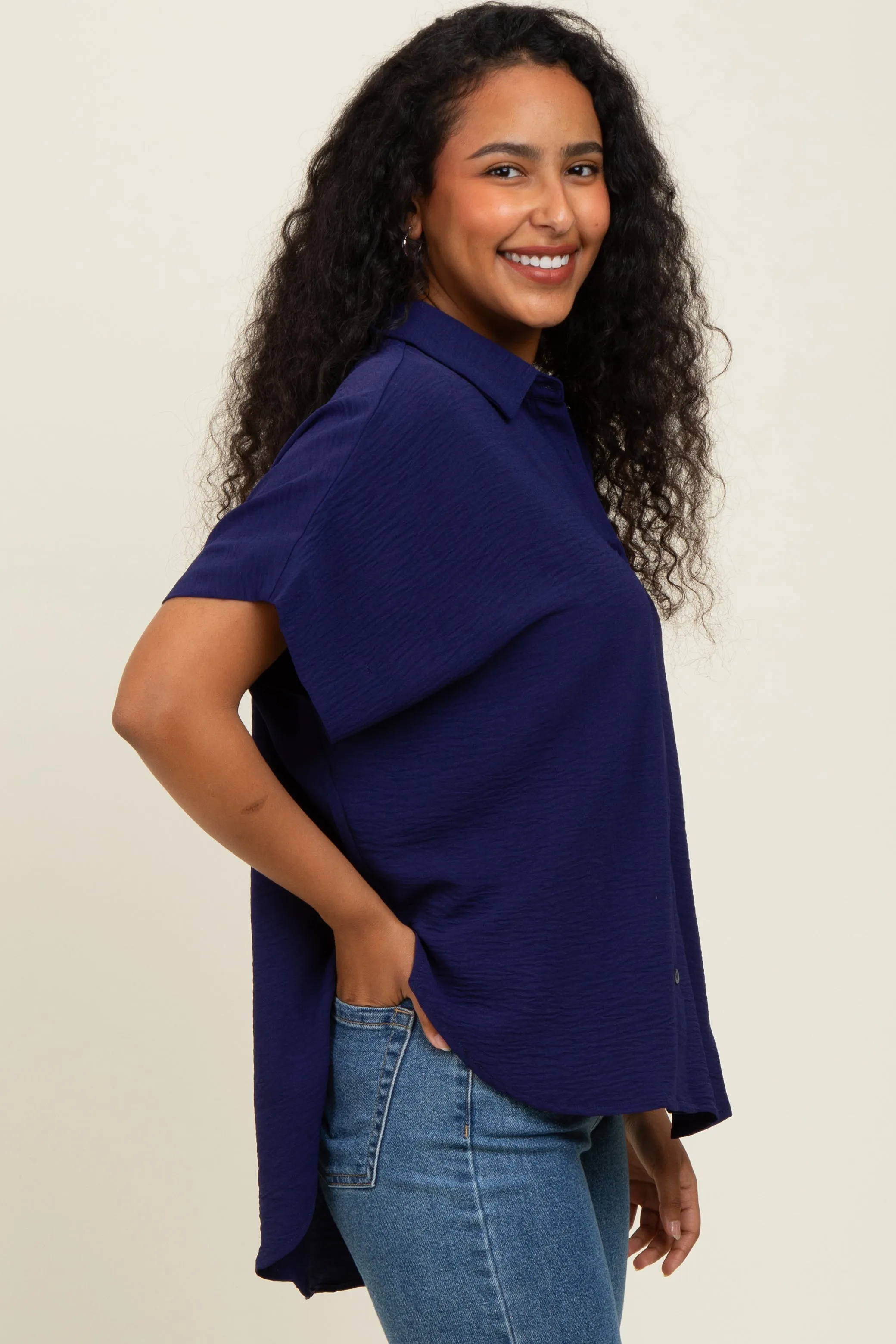 Navy Solid Collared Button-Up Top sold by Pinkblush product image thumbnail 3