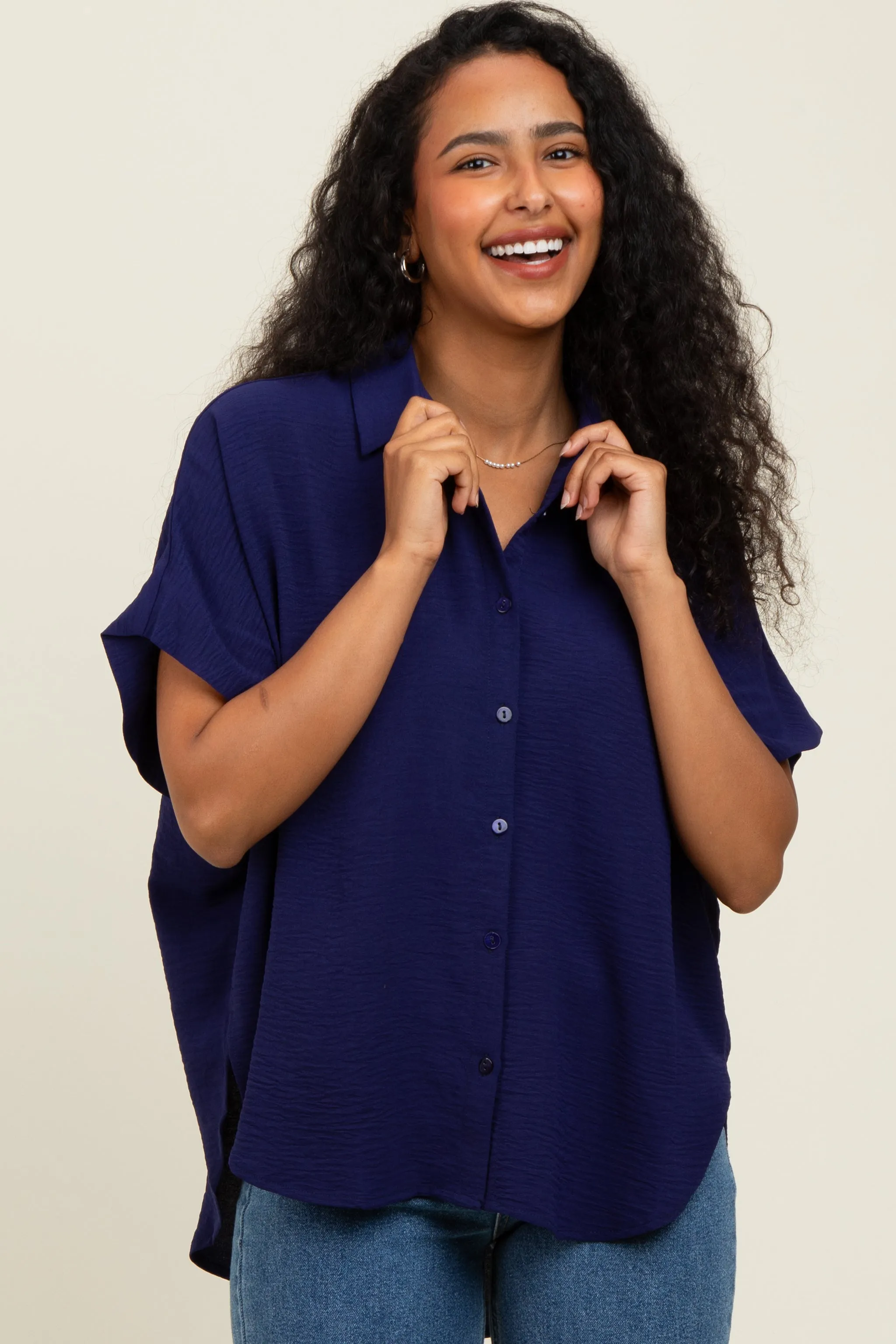 Navy Solid Collared Button-Up Top sold by Pinkblush product image thumbnail 2