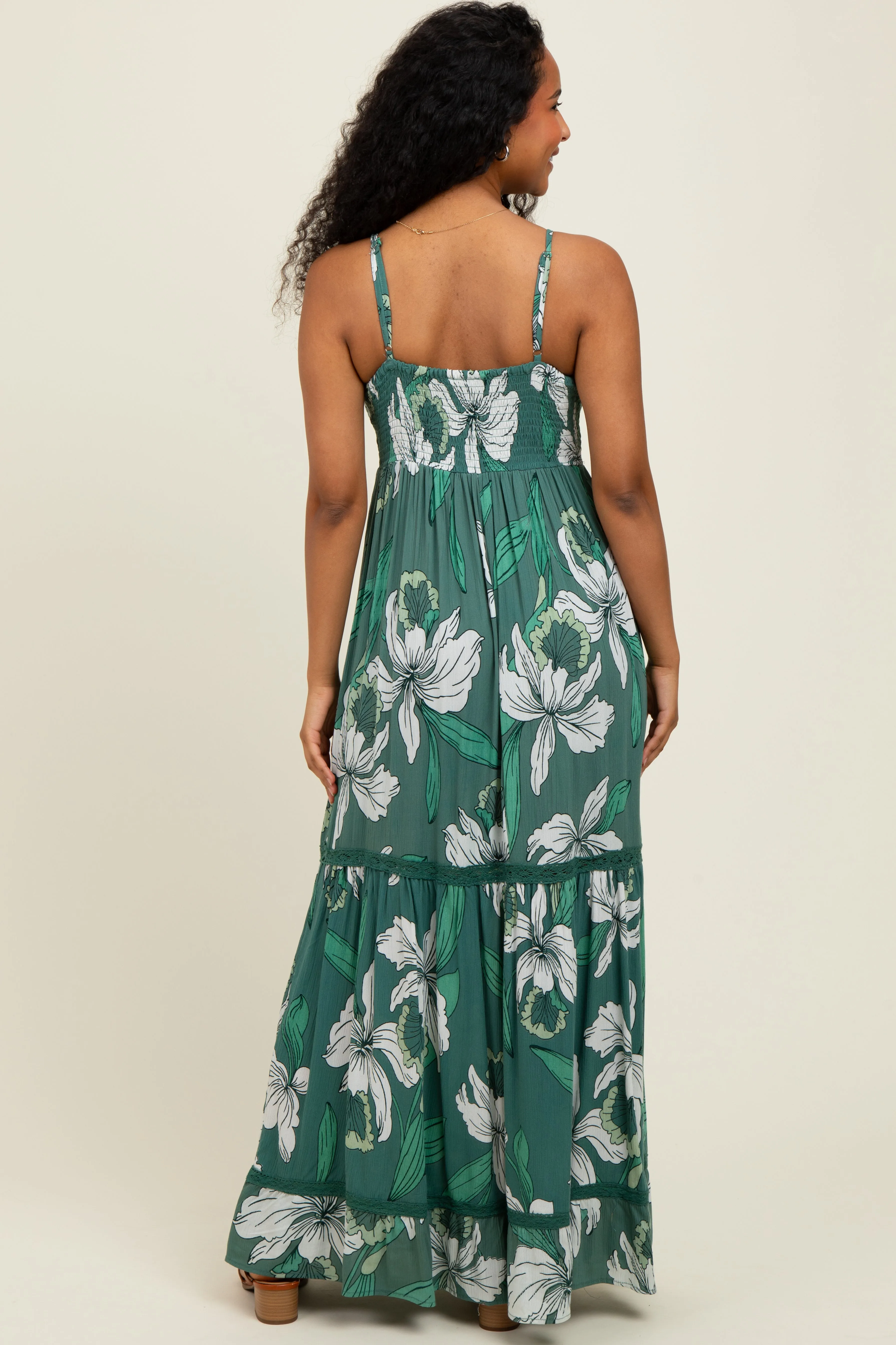 Green Floral V-Neck Smocked Lace Trim Maxi Dress sold by Pinkblush product image thumbnail 4