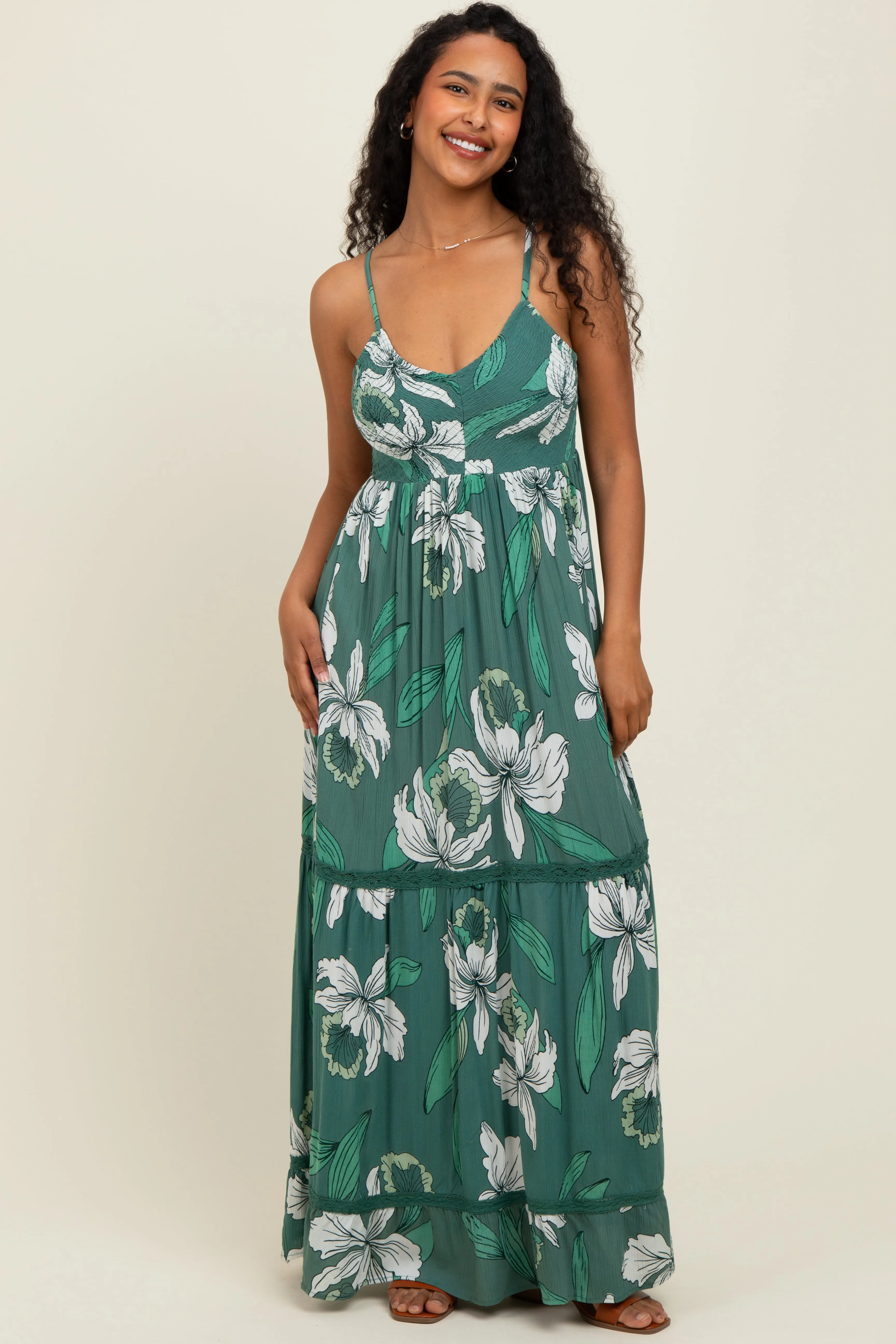 Green Floral V-Neck Smocked Lace Trim Maxi Dress sold by Pinkblush