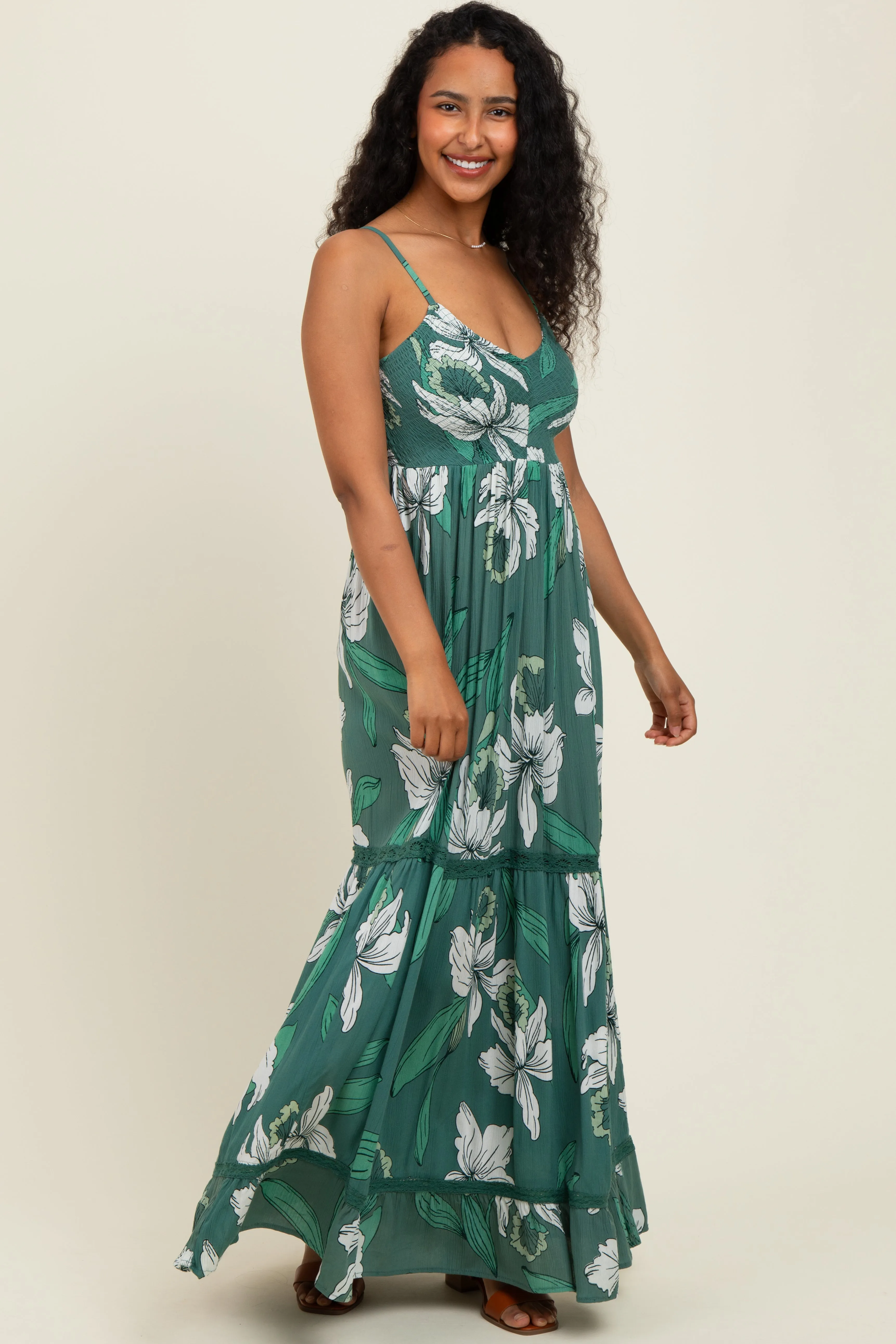 Green Floral V-Neck Smocked Lace Trim Maxi Dress sold by Pinkblush product image thumbnail 2