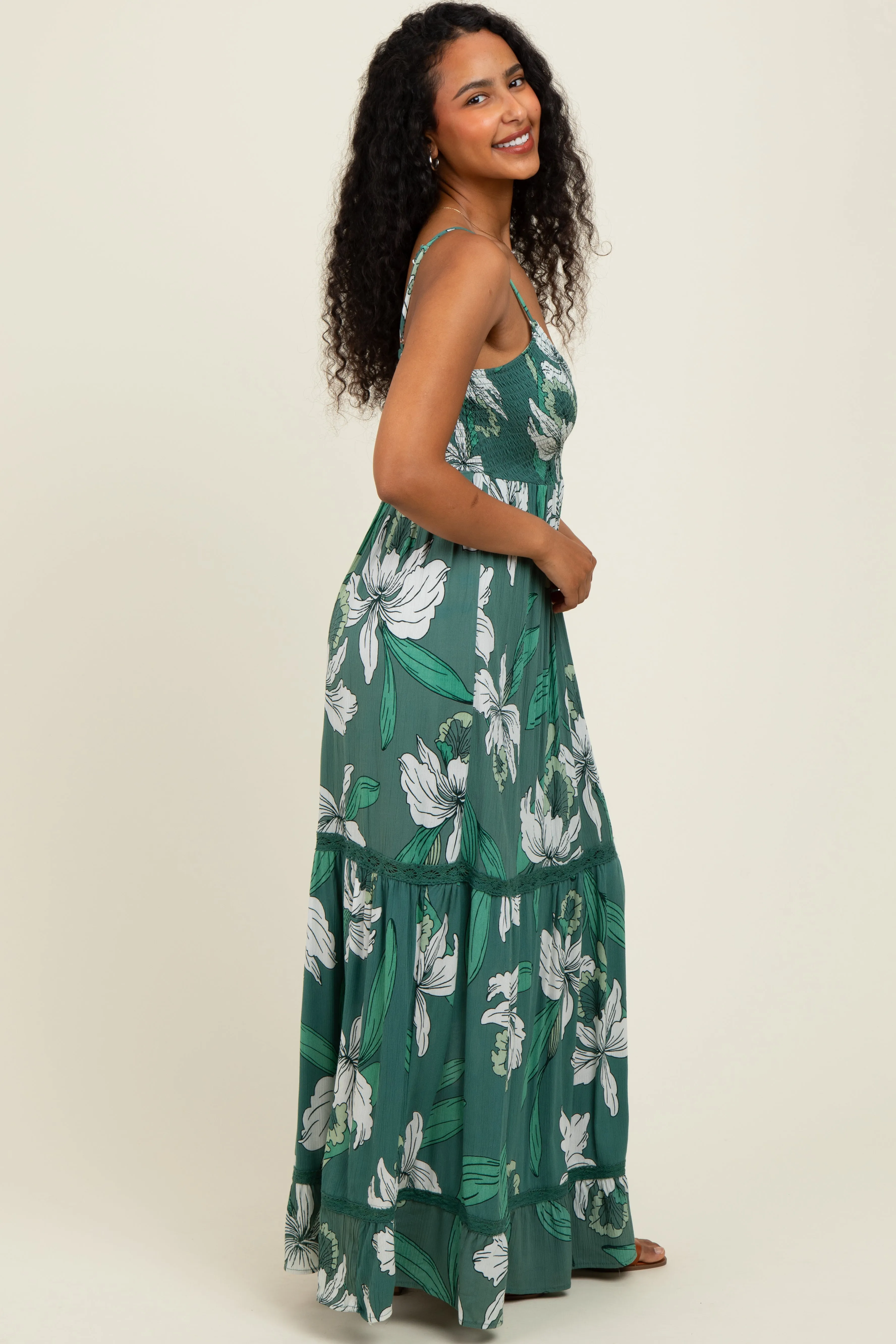 Green Floral V-Neck Smocked Lace Trim Maxi Dress sold by Pinkblush product image thumbnail 3