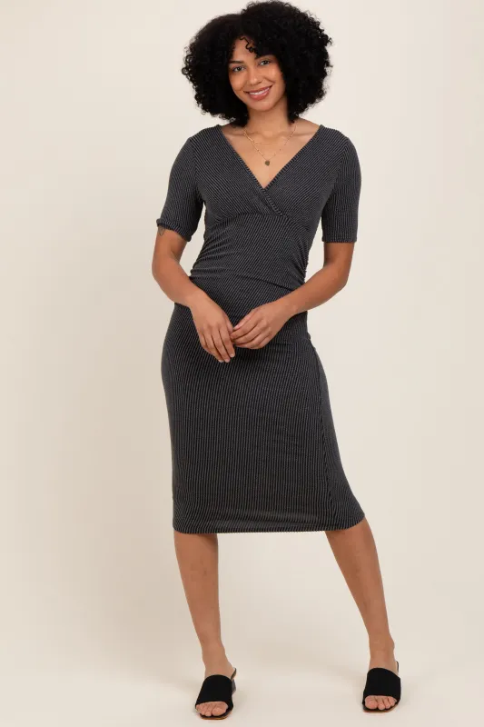 Charcoal Striped Short Sleeve V-Neck Midi Dress sold by Pinkblush