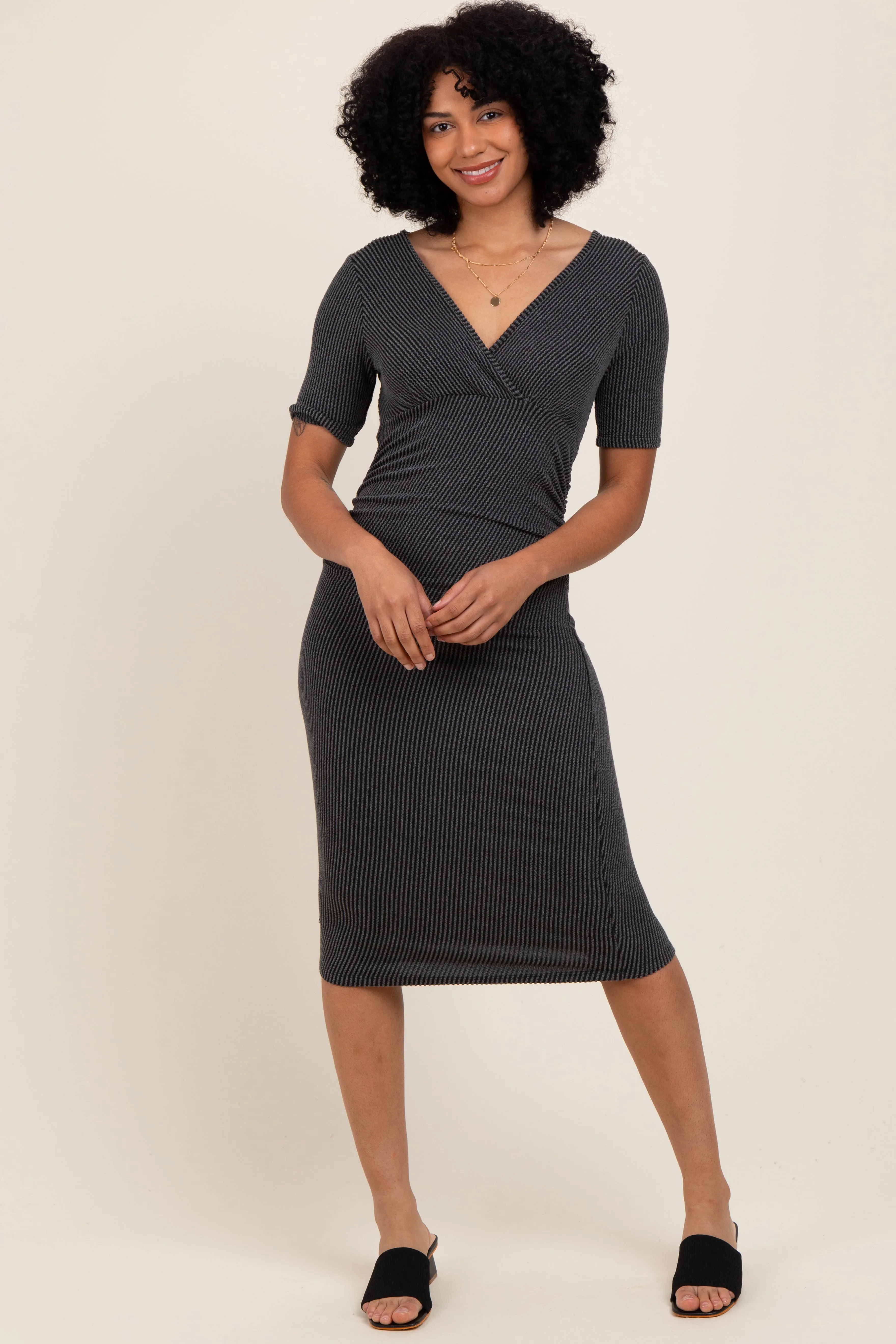 Charcoal Striped Short Sleeve V-Neck Midi Dress sold by Pinkblush