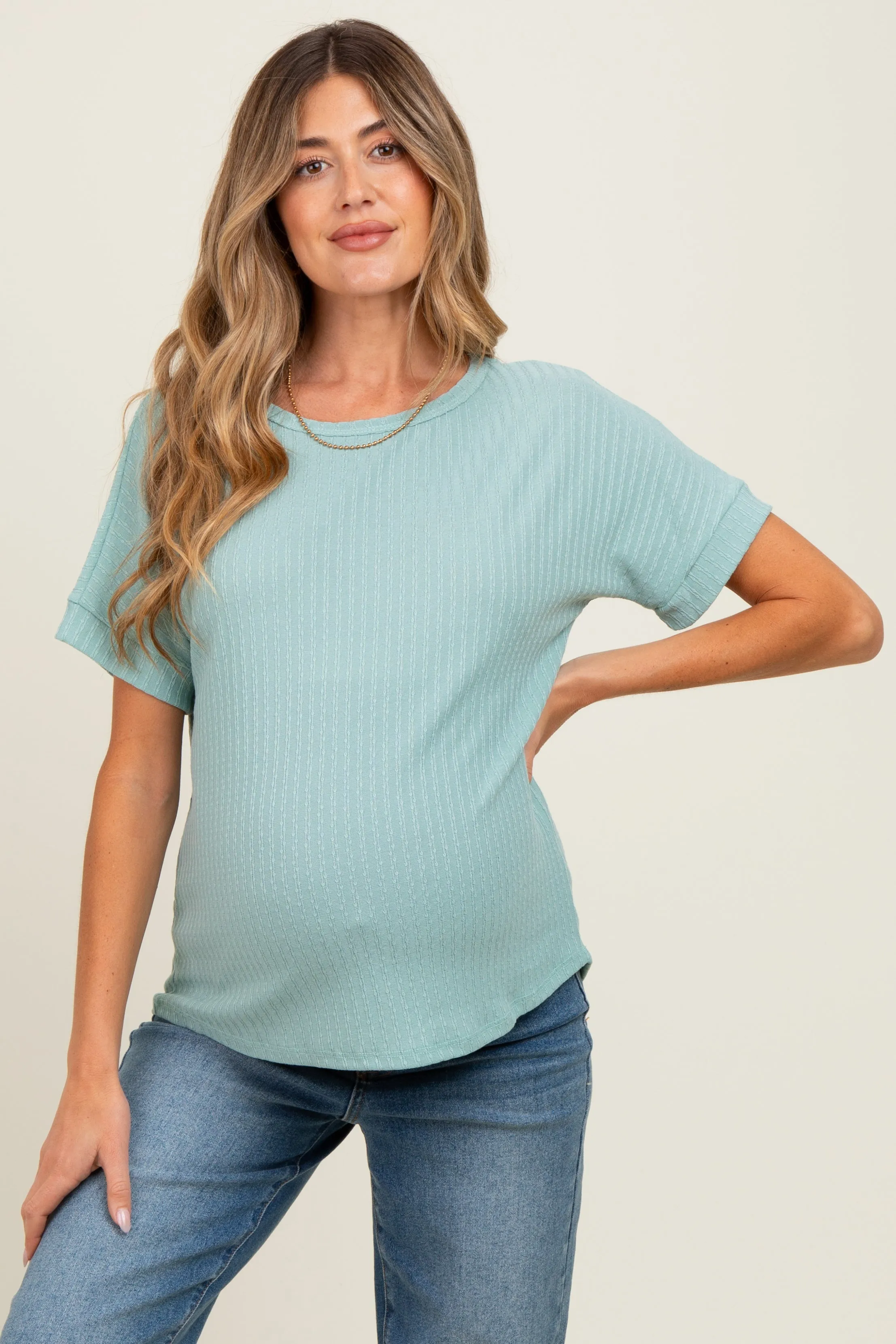 Light Olive Ribbed Knit Maternity Short Sleeve Top sold by Pinkblush