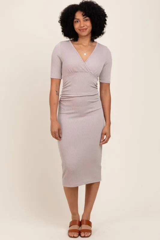 Mocha Striped Short Sleeve V-Neck Midi Dress sold by Pinkblush