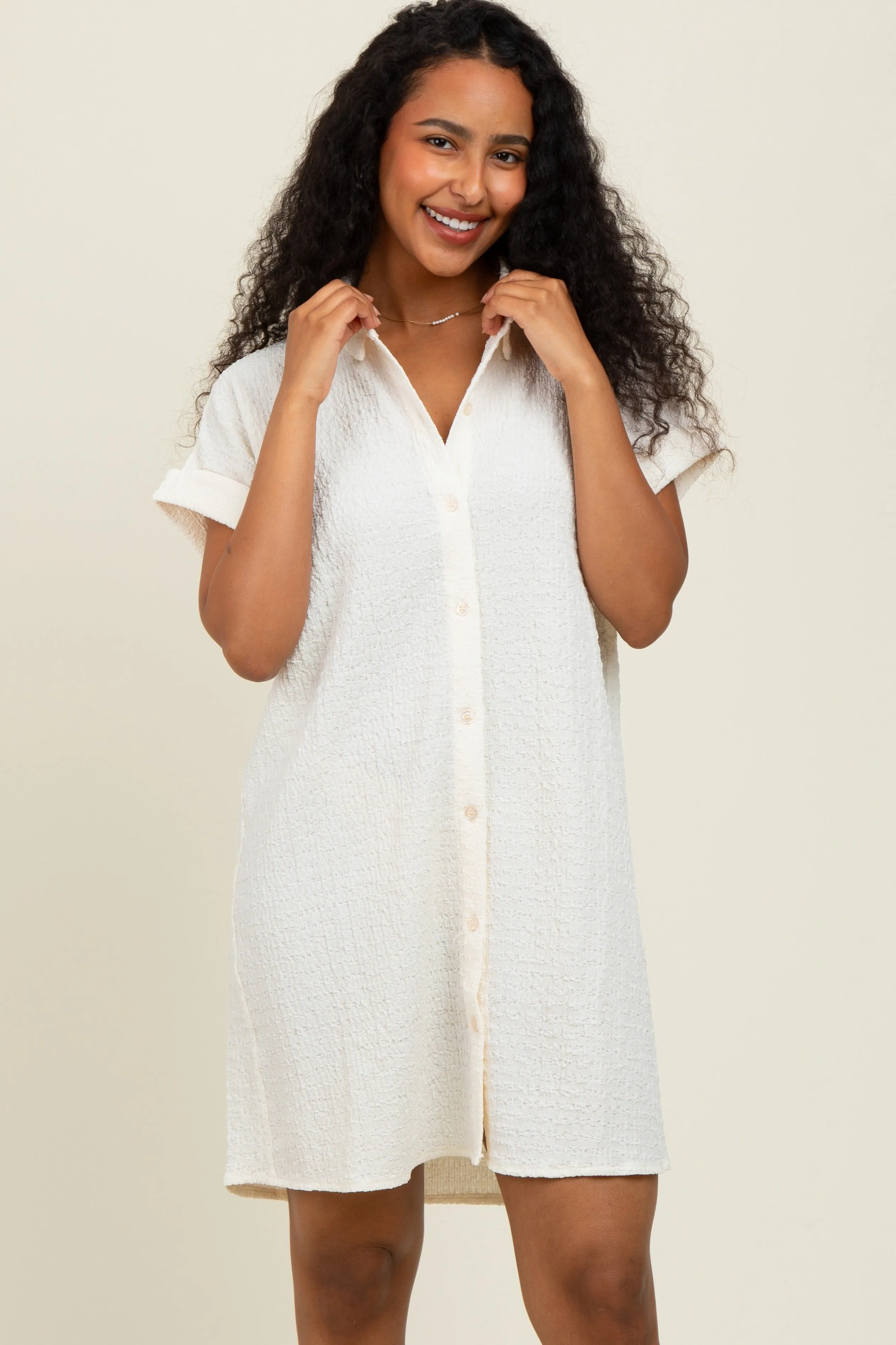Ivory Textured Short Sleeve Button Down Maternity Shirt Dress sold by Pinkblush product image thumbnail 5