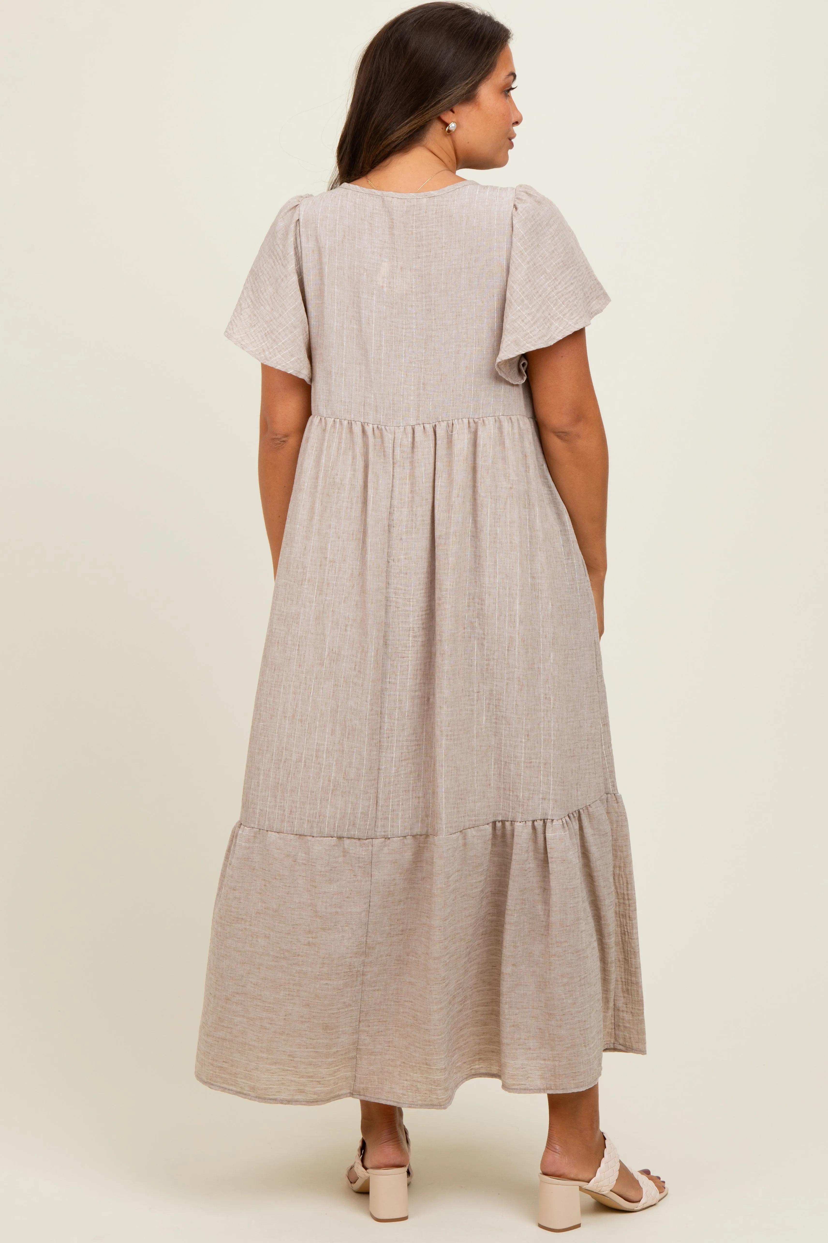 Mocha/Silver Striped Short Sleeve V-Neck Tiered Maternity Midi Dress sold by Pinkblush product image thumbnail 3